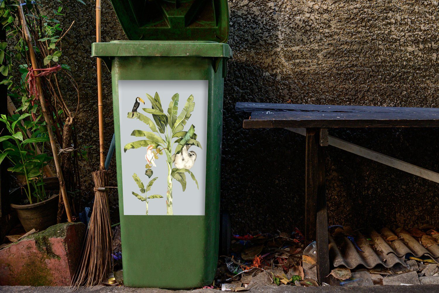 Wandsticker MuchoWow Dschungel Faultier Mülltonne, Abfalbehälter (1 Sticker, Mülleimer-aufkleber, St), Container, Vogel - -