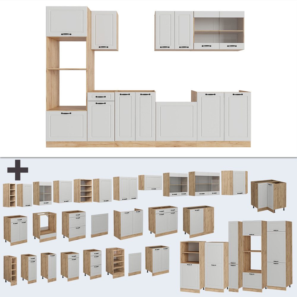 Vicco Küchenzeile R-Line, Weiß Landhaus/Goldkraft Eiche, 300 cm mit Hochschrank, AP ...