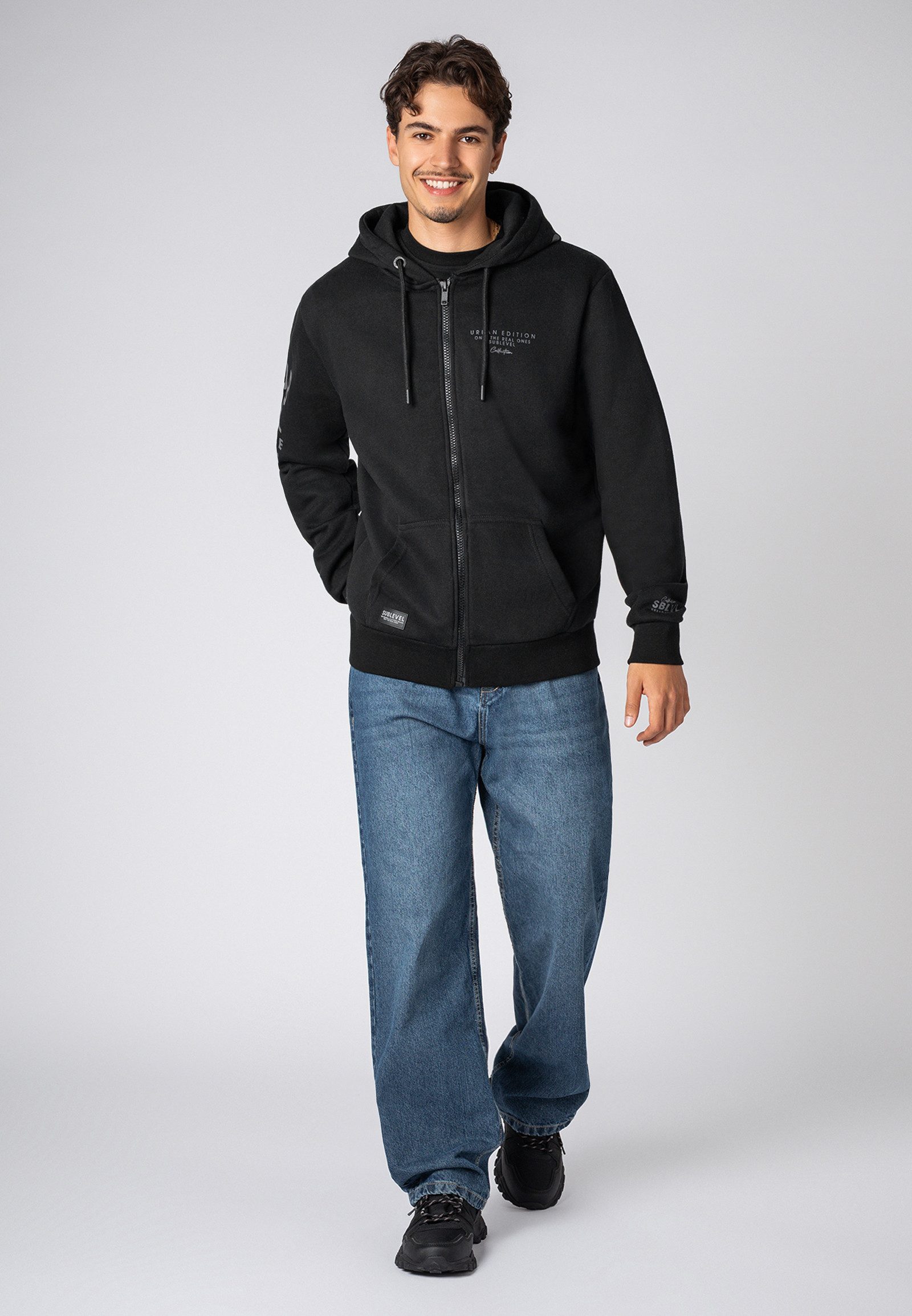 SUBLEVEL Kapuzensweatjacke Herren Zipperjacke mit Kapuzen Print Sweatshirtjacke, Kapuzenpullover mit Kängurutasche und Kapuze