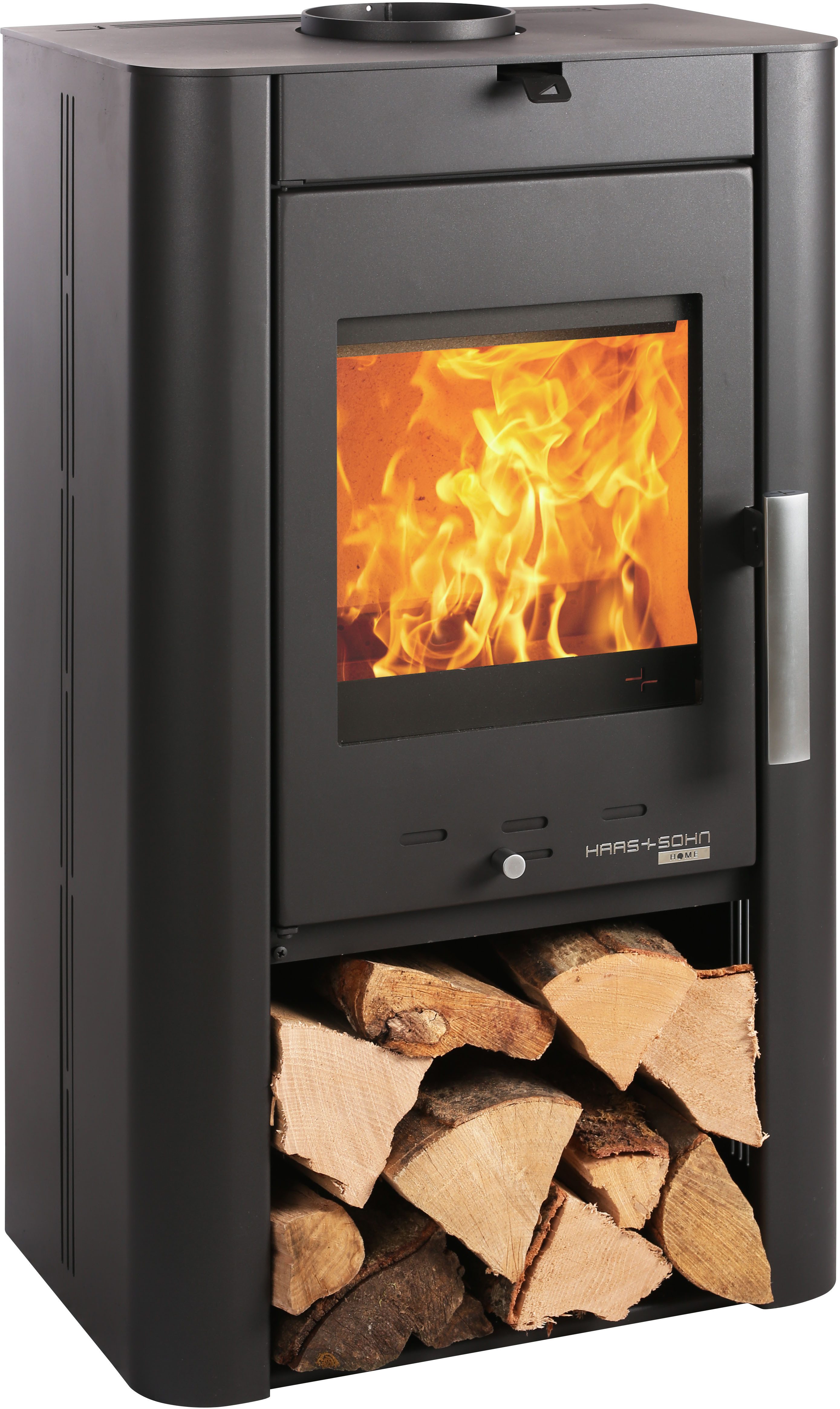 Haas + Sohn Kaminofen PRUNUS II Stahl tief-schwarz, mit Holzfach, 6,4 kW, Zeitbrand