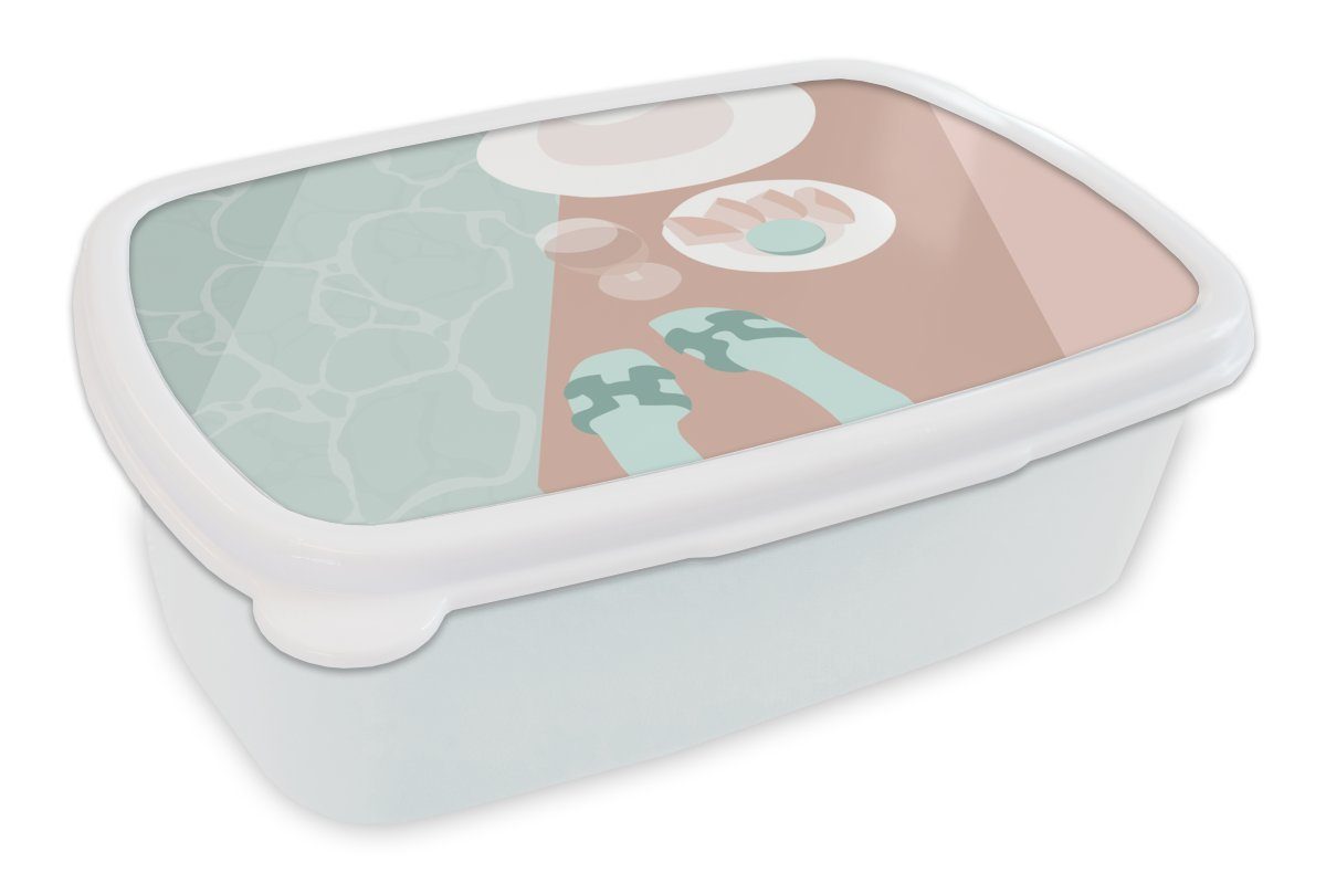 MuchoWow Lunchbox Weinglas - Hausschuhe - Pool - Sommer, Kunststoff, (2-tlg), Brotbox für Kinder und Erwachsene, Brotdose, für Jungs und Mädchen weiß