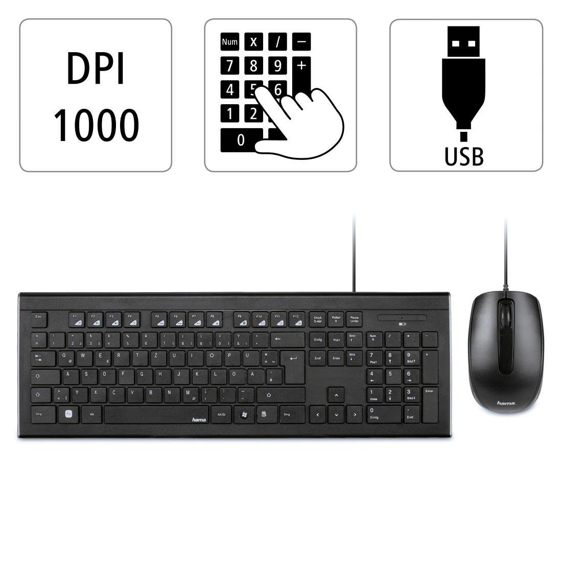 Hama Tastatur-/Maus-Set Cortino und Tastatur- Schwarz Maus-Set USB-A-Stecker kabelgebunden