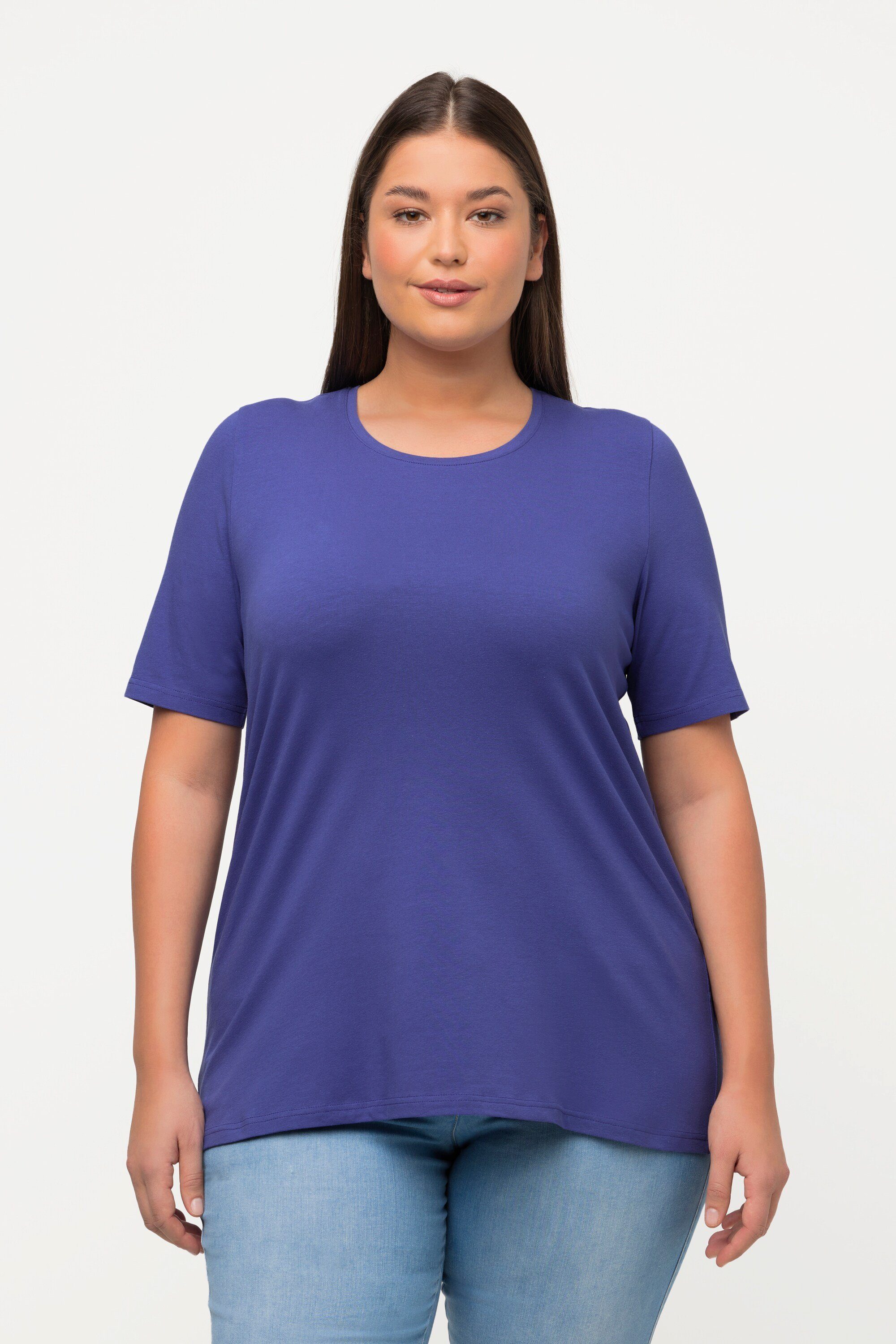 Ulla Popken Rundhalsshirt T-Shirt A-Linie Rundhalsausschnitt Halbarm blau