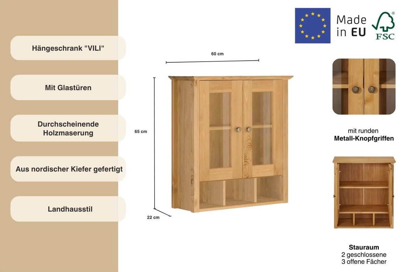 Home affaire Hängeschrank Vili Badezimmerschrank, mit Glastüren, Breite 60 cm, aus Massivholz