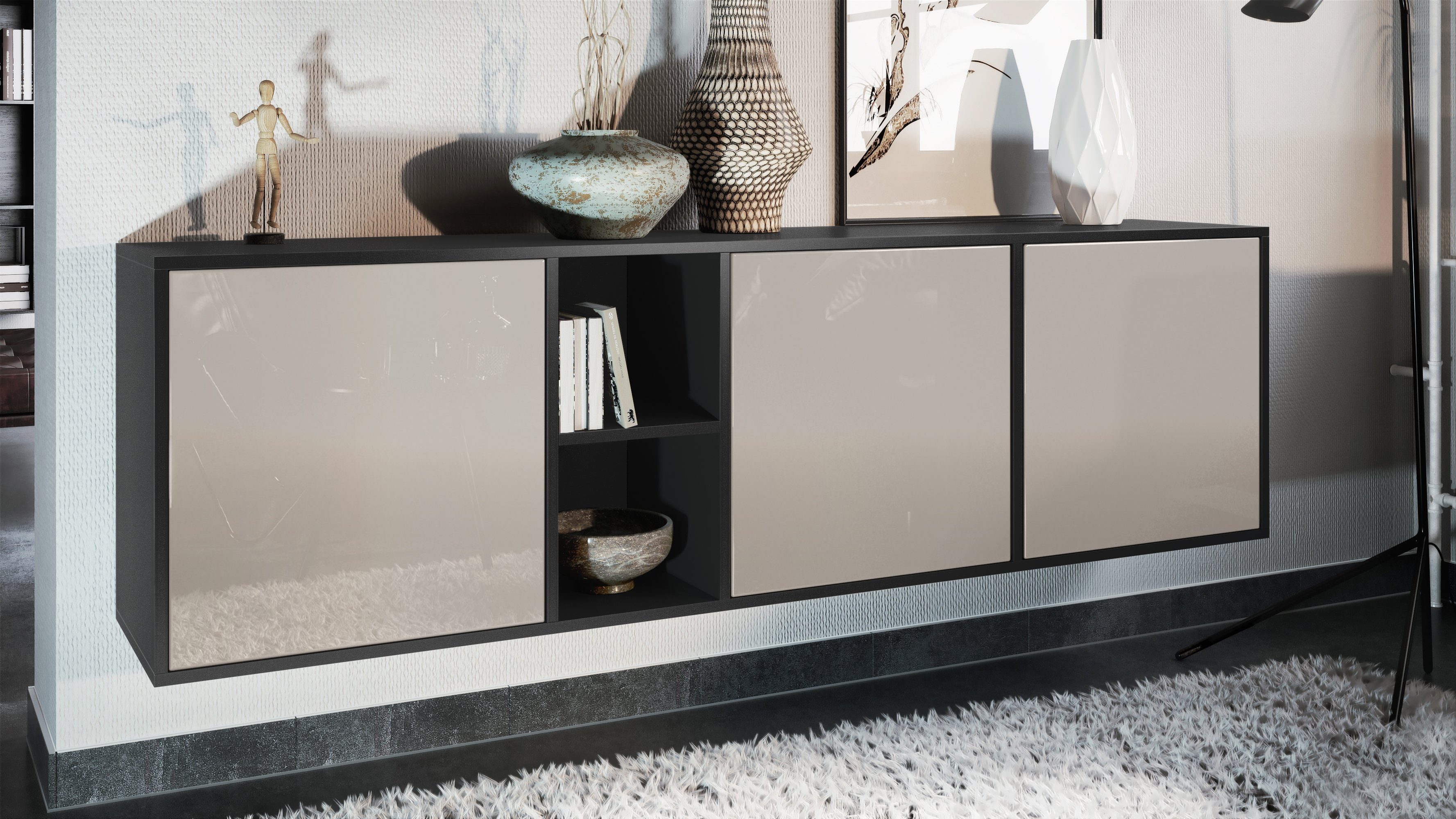 Vladon Sideboard Cuba (Kommode, mit 3 Türen und 2 offene Fächer), Schwarz matt/Sandgrau Hochglanz (182 x 53 x 35 cm)
