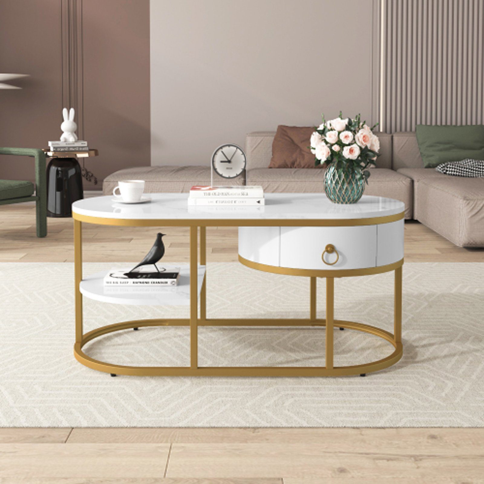 SEEZSSA Couchtisch Elegant Marmor Gold Oval Couchtisch, Couchtisch im Wohnzimmer, (100 L x 50 B x 45H(cm), Weiß+Gold), Beistelltisch mit Schubladen mit Goldverzierung | Couchtische