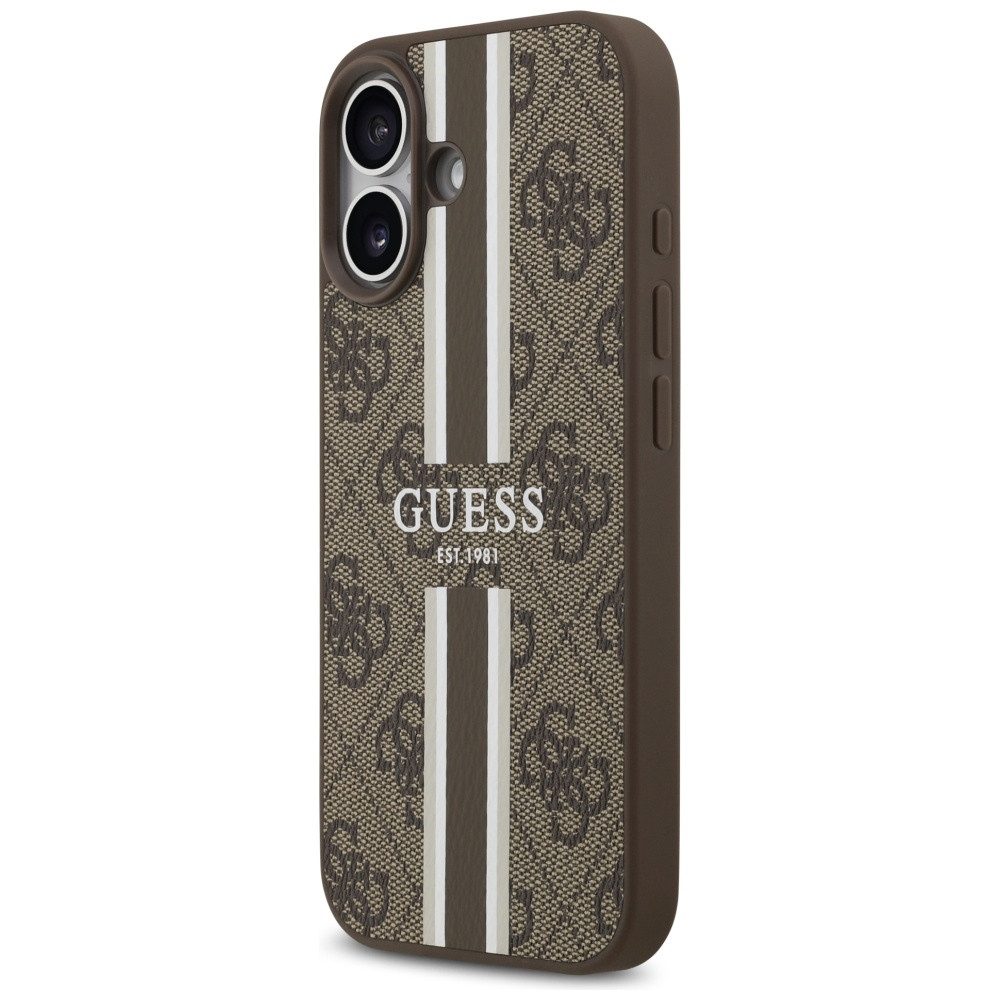 Guess Handyhülle Case iPhone 17 MagSafe Kunstleder braun Logo Streifen 6,3 Zoll, Kantenschutz