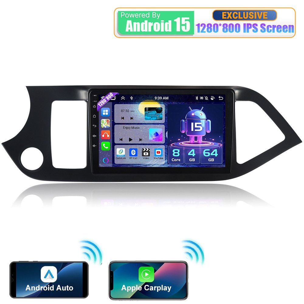 A-Sure 9" 4+64G Android 15 Carplay WiFi GPS Navi Für KIA PICANTO TA 2011-2016 Autoradio (Digitalradio (DAB), FM, AM, 1280*800 IPS Screen/8-Core CPU)