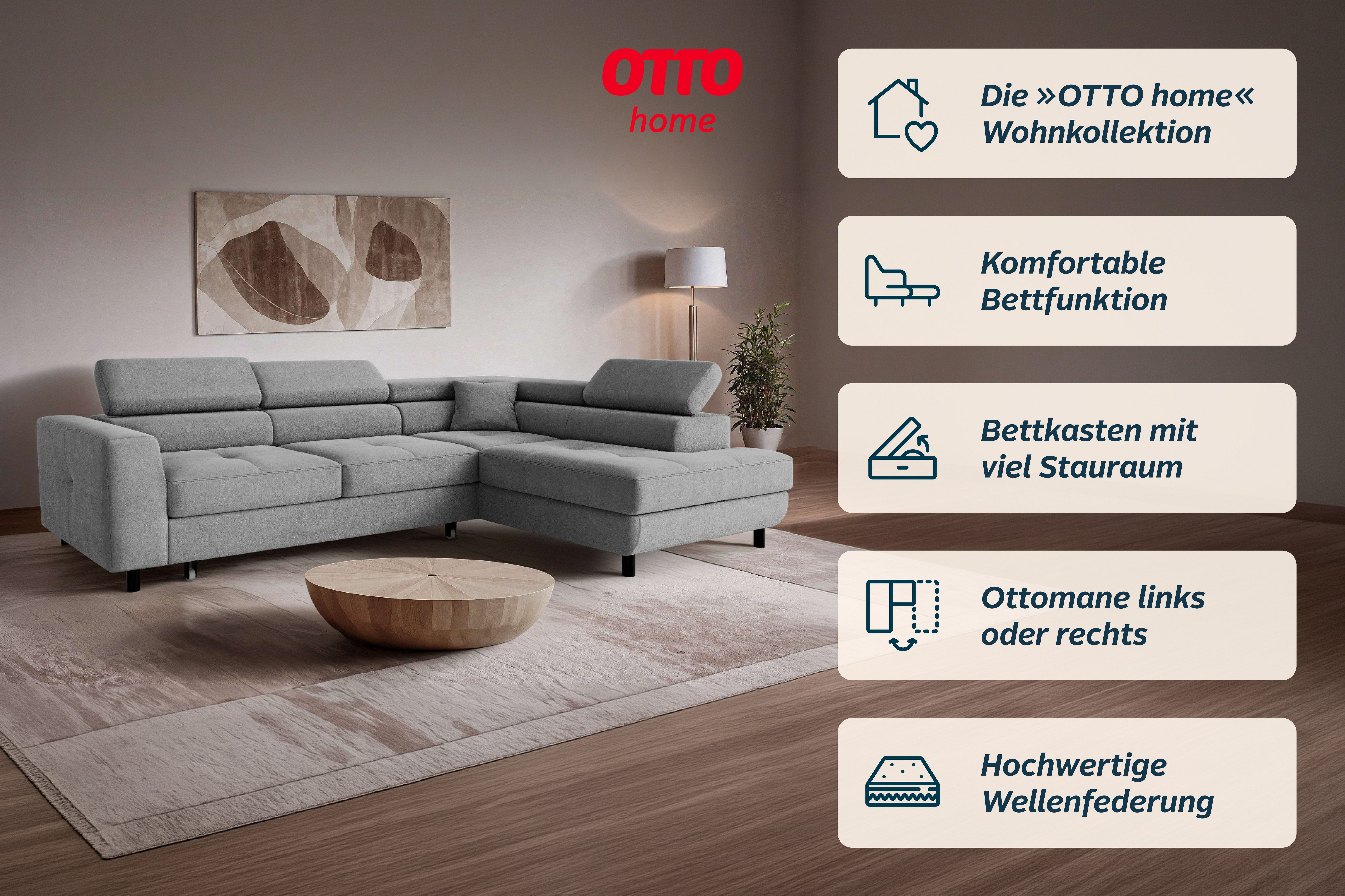 OTTO home Ecksofa AADEN Schlafsofa 254 cm - OTTO. Verlässliche Qualität., mit Bettfunktion, Bettkasten, Kopfstützen, rechts/links bestellbar – Bild 3 von 5