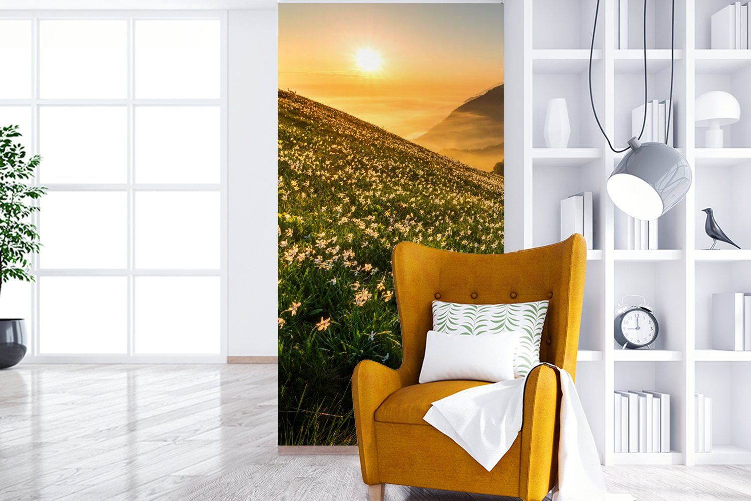 Berge, Fototapete für bedruckt, Fototapete Blumen - - Sonne Küche, Matt, St), (2 Schlafzimmer Wohnzimmer MuchoWow Vliestapete
