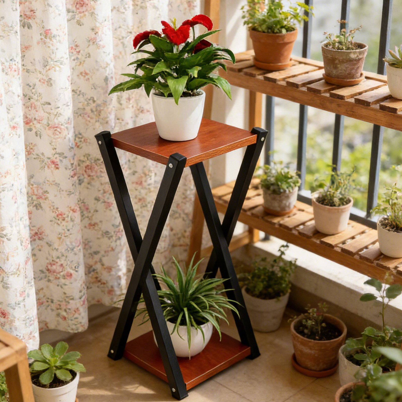 BlingBin Blumenhocker Blumenständer 2 Ebenen, Pflanzenständer aus Metall mit Holzoptik (1er Set, 1 St., Pflanzenregal), Stabiler Blumentopf Ständer für Wohnzimmer,Schlafzimmer & kleine Räume