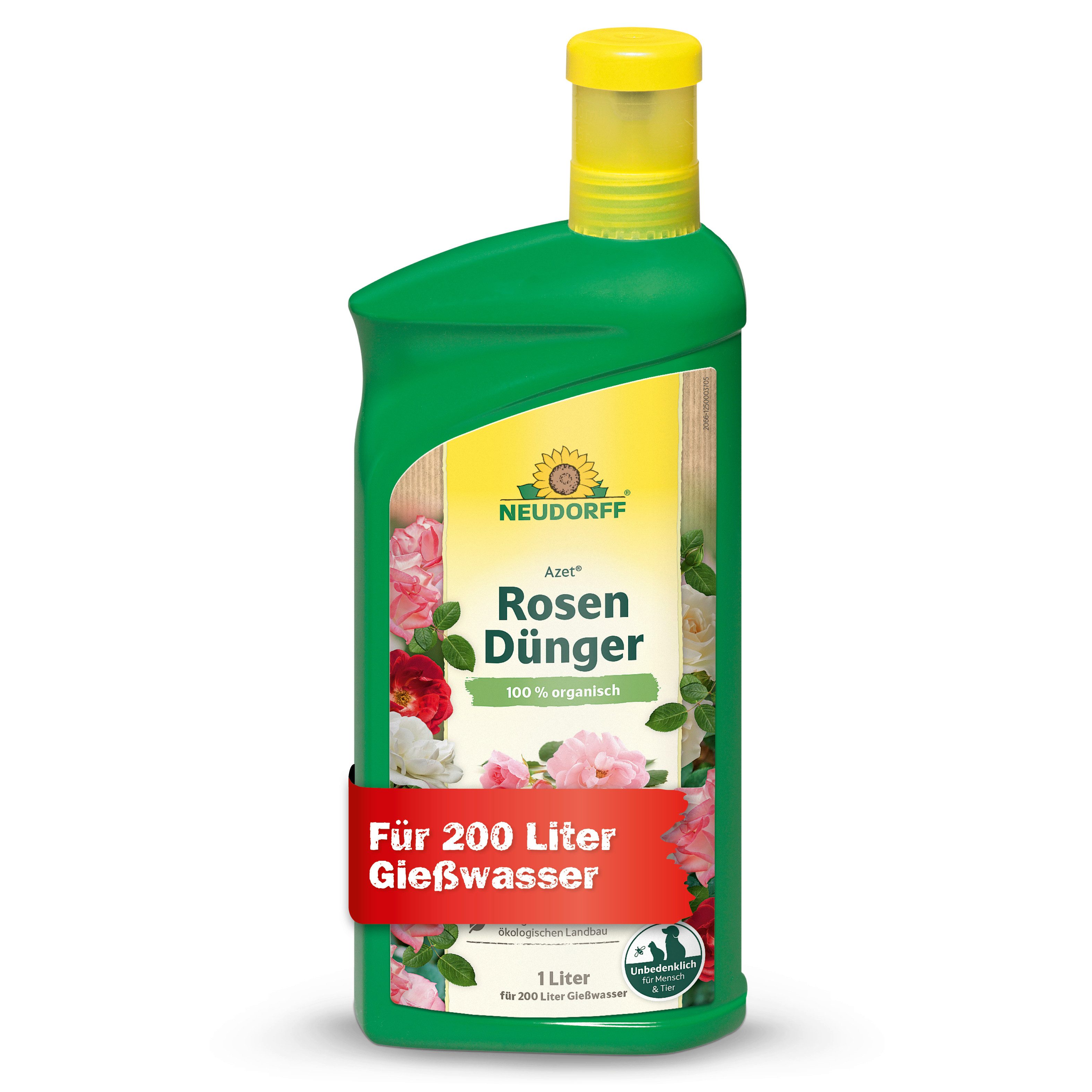 Neudorff Gartendünger Azet RosenDünger 1L für 200L Gießwasser, Vor Gebrauch gut schütteln und nur mit Wasser verdünnt anwenden., für blütenreiche und intensiv duftende Rosen auf Balkon oder Garten, mit praktischem Dosierbecher