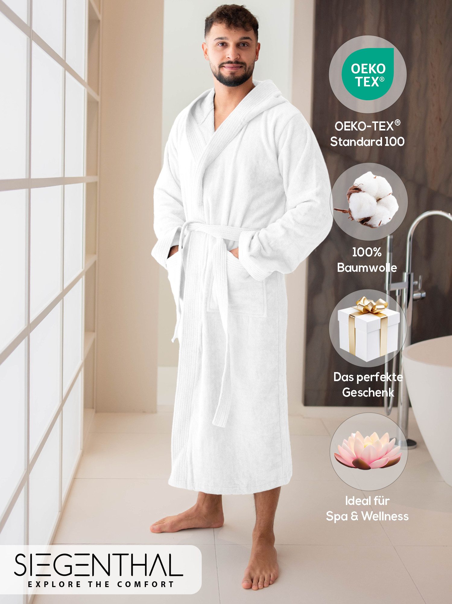 SIEGENTHAL Herrenbademantel 100% Baumwolle Frottee Velours mit Kapuze Waden günstig online kaufen