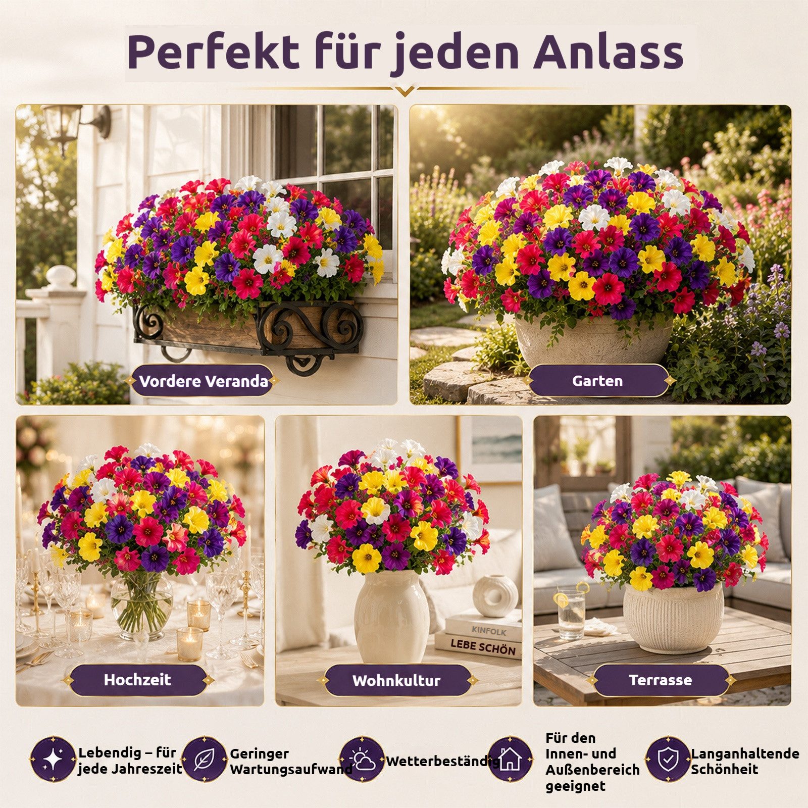 Kunstblumenstrauß 12 Bündel künstliche Blumen wie echt, UV‑beständig, pflegeleicht Prunkwinde / Stiefmütterchen, BlingBin, Höhe 35 cm, Kunstpflanzen für Außenbe – Bild 5 von 5