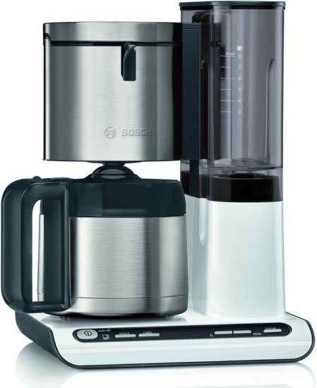 BOSCH Filterkaffeemaschine TKA8A683 Styline, Aroma Sensor, Edelstahl-Thermokanne 1,1 L, 1,1l Kaffeekanne, Papierfilter 1x4, Für 8-12 Tassen, Abschaltautom., Entkalkungssystem, Edelstahl/weiß