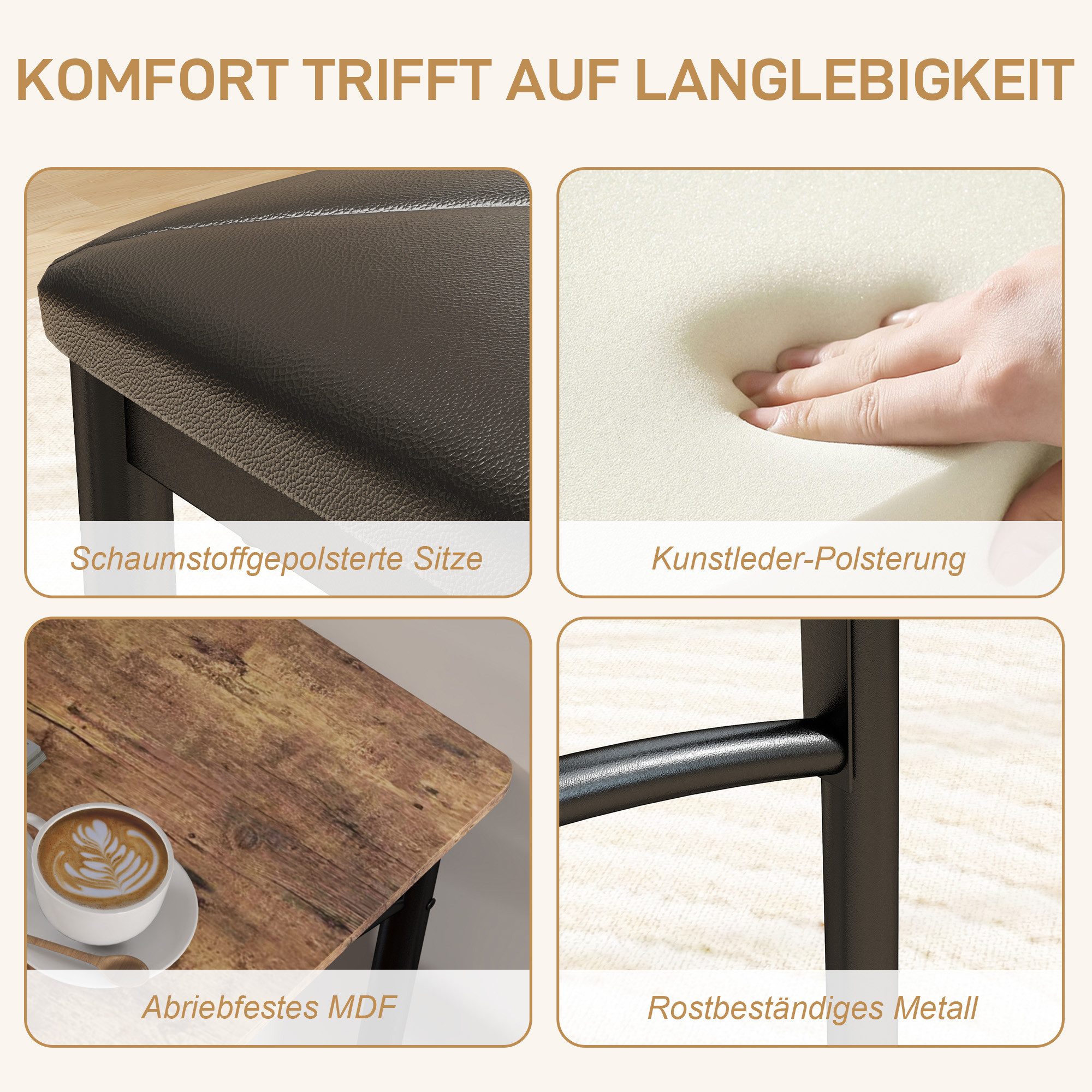 HOMCOM Essgruppe Platzsparendes Set aus Tisch, 2 Stühlen und Bank, (Esszimmer-Set, 4-tlg., Küchenset für kleine Räume), Metall, MDF, Braun