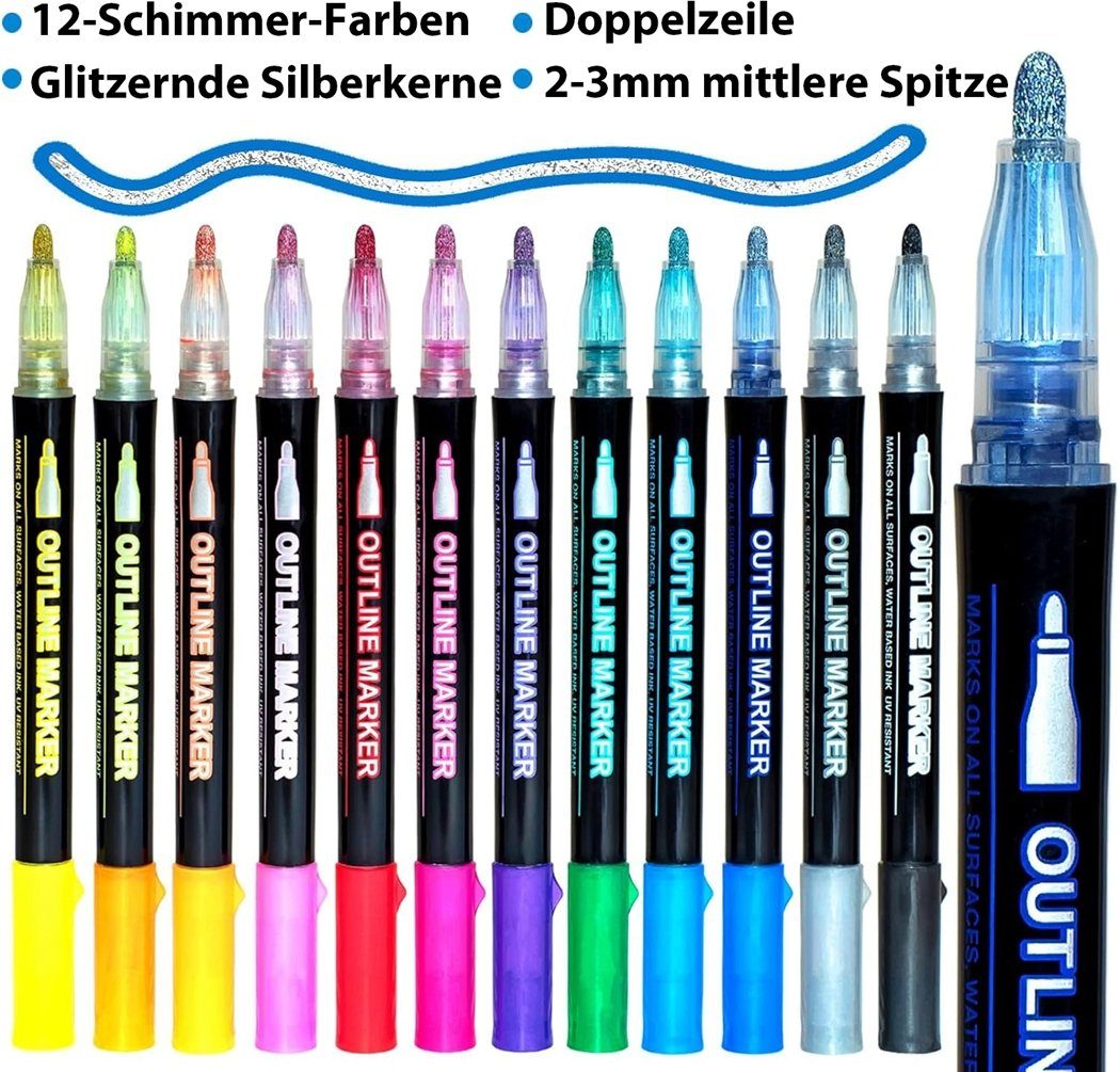 glitzerndes TUABUR Wachsmalstift Glitzer-Graffiti-Umrissstift, 12 Farben Dual-Line-Metallic-Stiftset