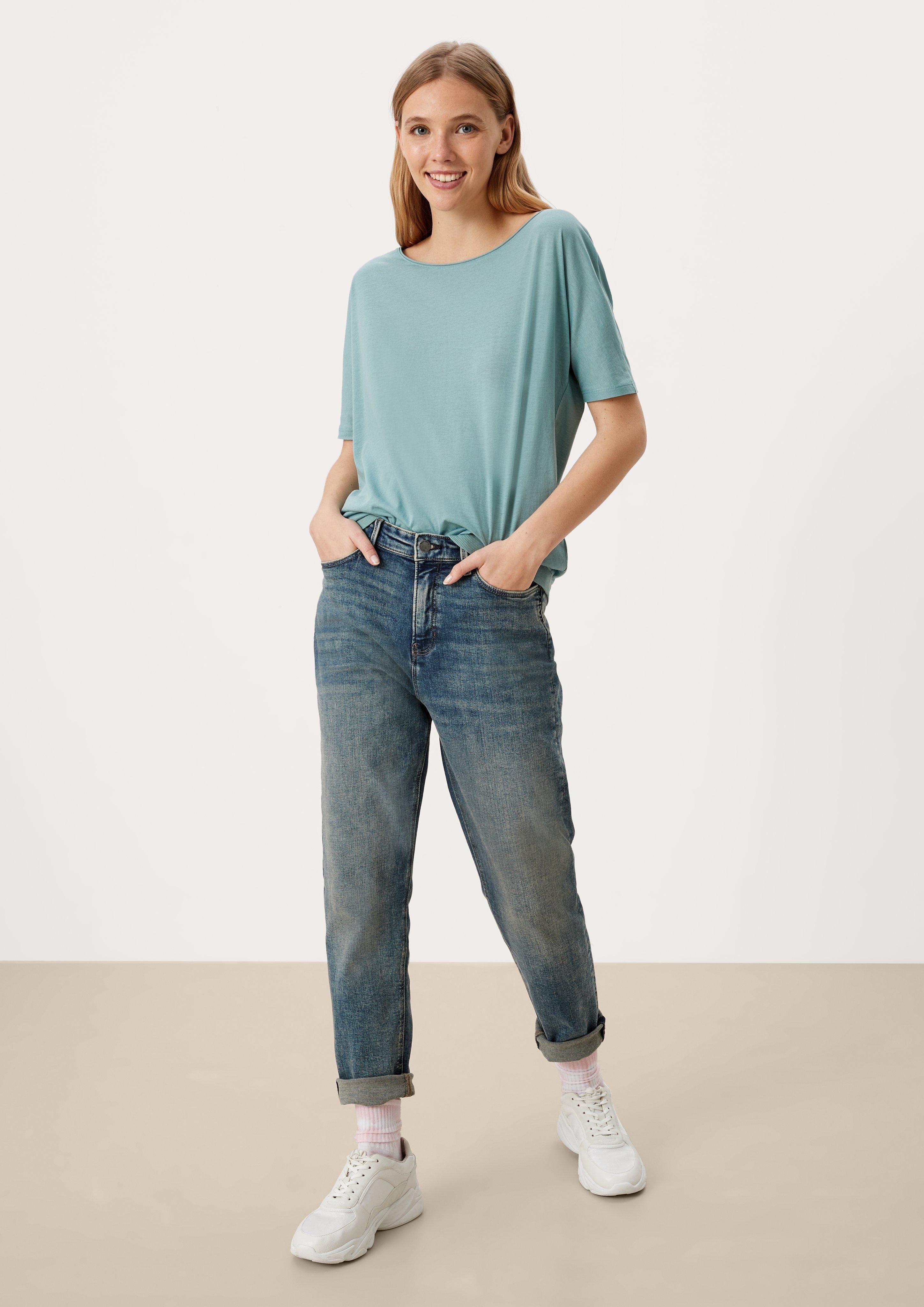 Fit: Mom-Jeans Regular Leder-Patch QS Waschung, mit Stoffhose Waschung