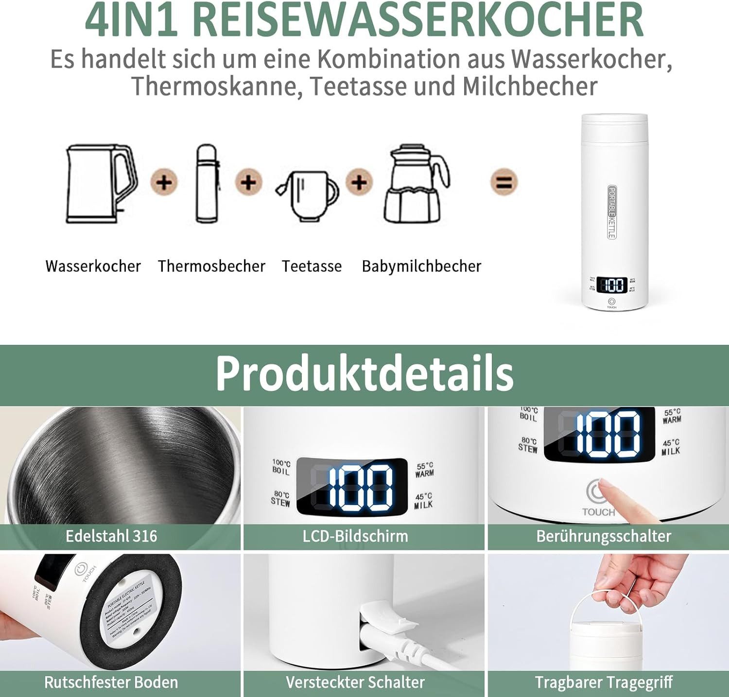 Toomoke Wasserkocher Tragbarer Wasserkocher,Reise-Wasserkocher,Thermobecher,Edelstahl, 300 W, 220V,500ml,Teekanne,Heizbecher,LCD-Temperaturanzeige,Geschenkset