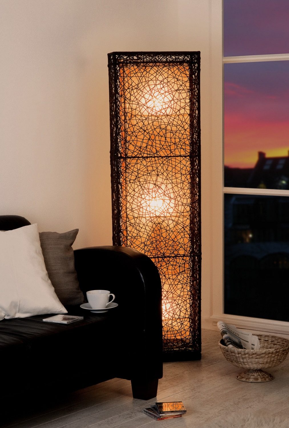 Stehlampe XL Stehleuchte mit Rattan-Geflecht Stoffschirm - für LED - Stehlampen