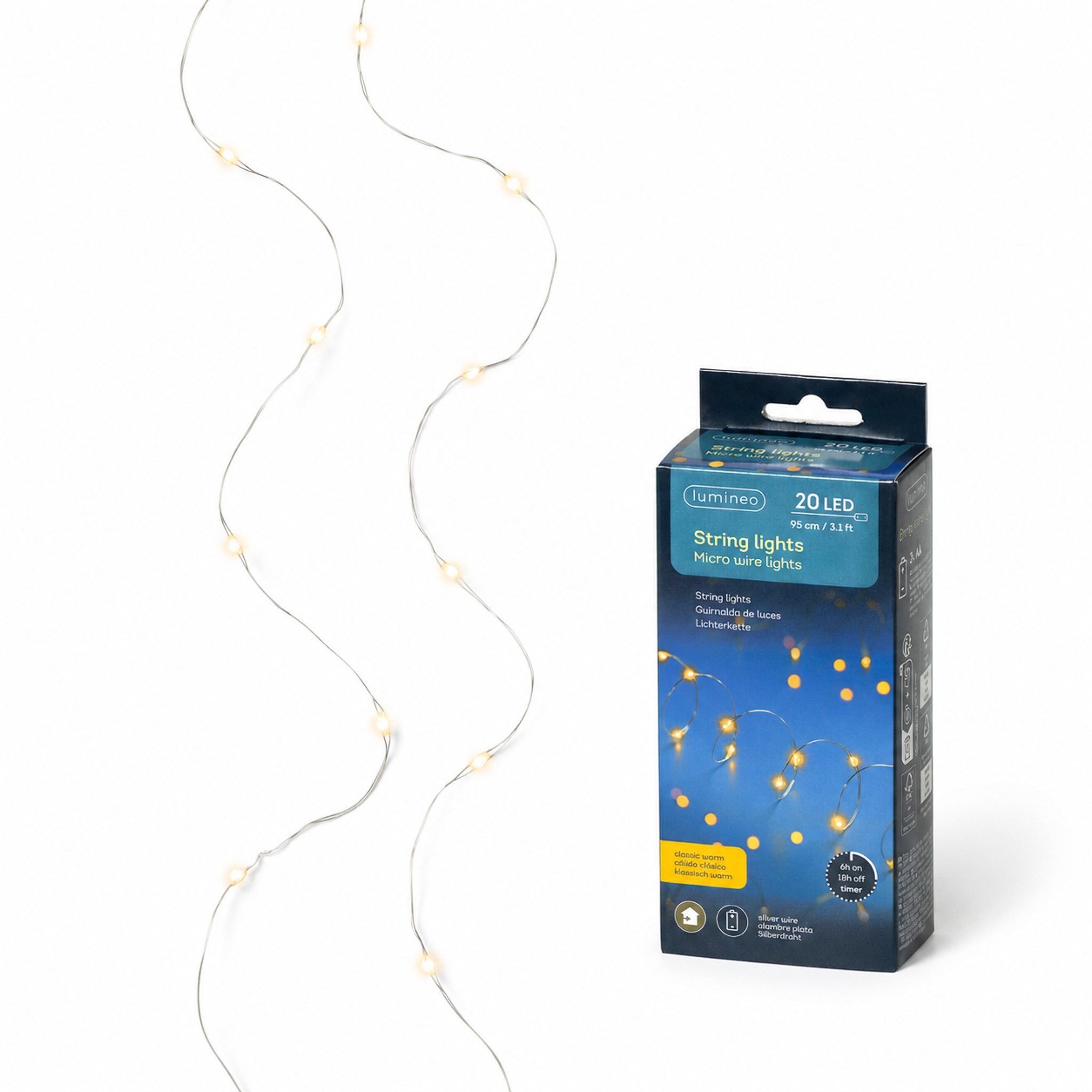Lumineo LED-Lichterkette, LED Draht Lichterkette 95cm Batterie 20 Micro-LEDs Klassisch Warm