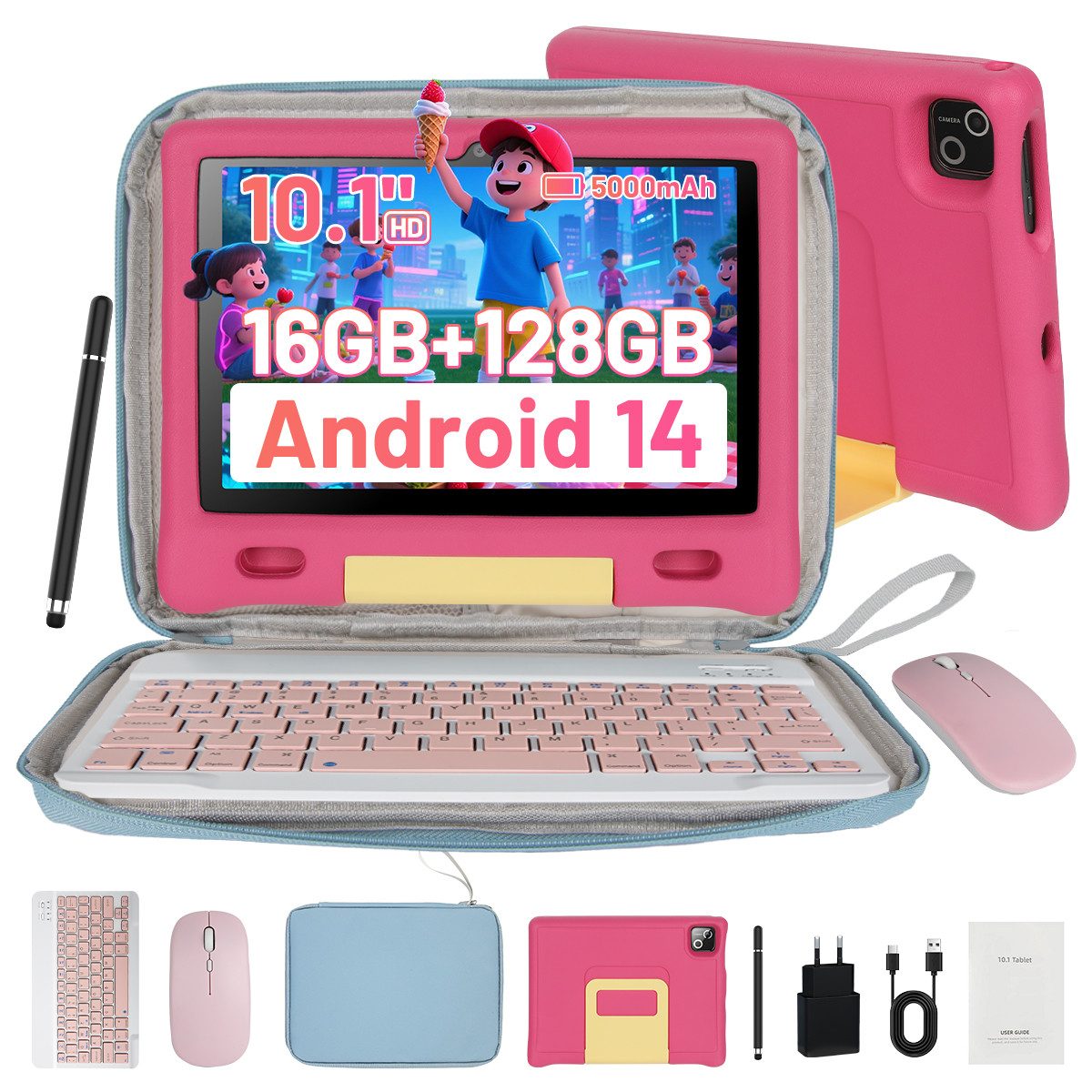 BUFO 10,1 Zoll Android 15 Octa Core 128 GB HD IPS Elternkontrolle Kinder Tablet (10,1", 128 GB, Android, WiFi 6, 5000mAh Akk, HD 1280x800, mit Tastatur/Maus/Stift/Tasche)