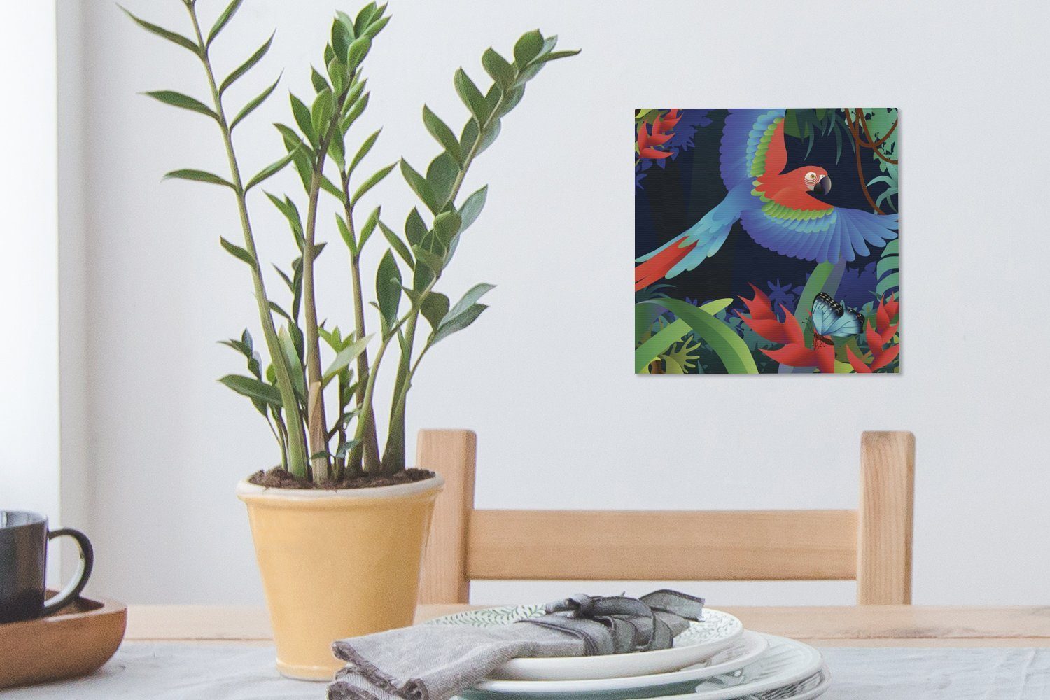 Leinwand Bilder Eine (1 Illustration Schlafzimmer OneMillionCanvasses® Wohnzimmer fliegenden für St), Leinwandbild eines Papageis im Regenwald,