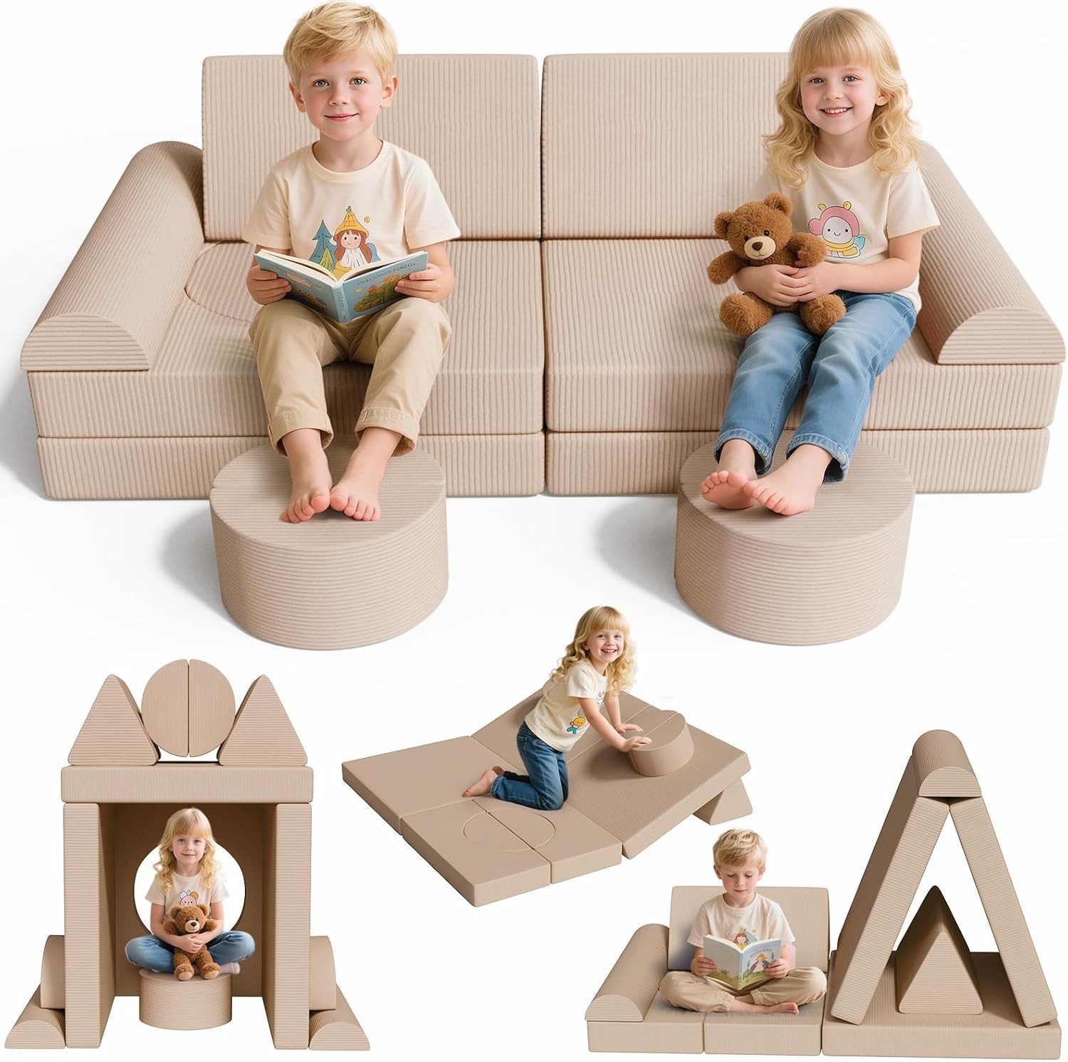 TLGREEN Kindersofa 15-teiliges modulares Kinderspielsofa aus Schaumstoff, abnehmbarer waschbarer Bezug, kinderfreundlich ohne scharfe Kanten, kreative Kuschelecke für Kinderzimmer & Kindergarten