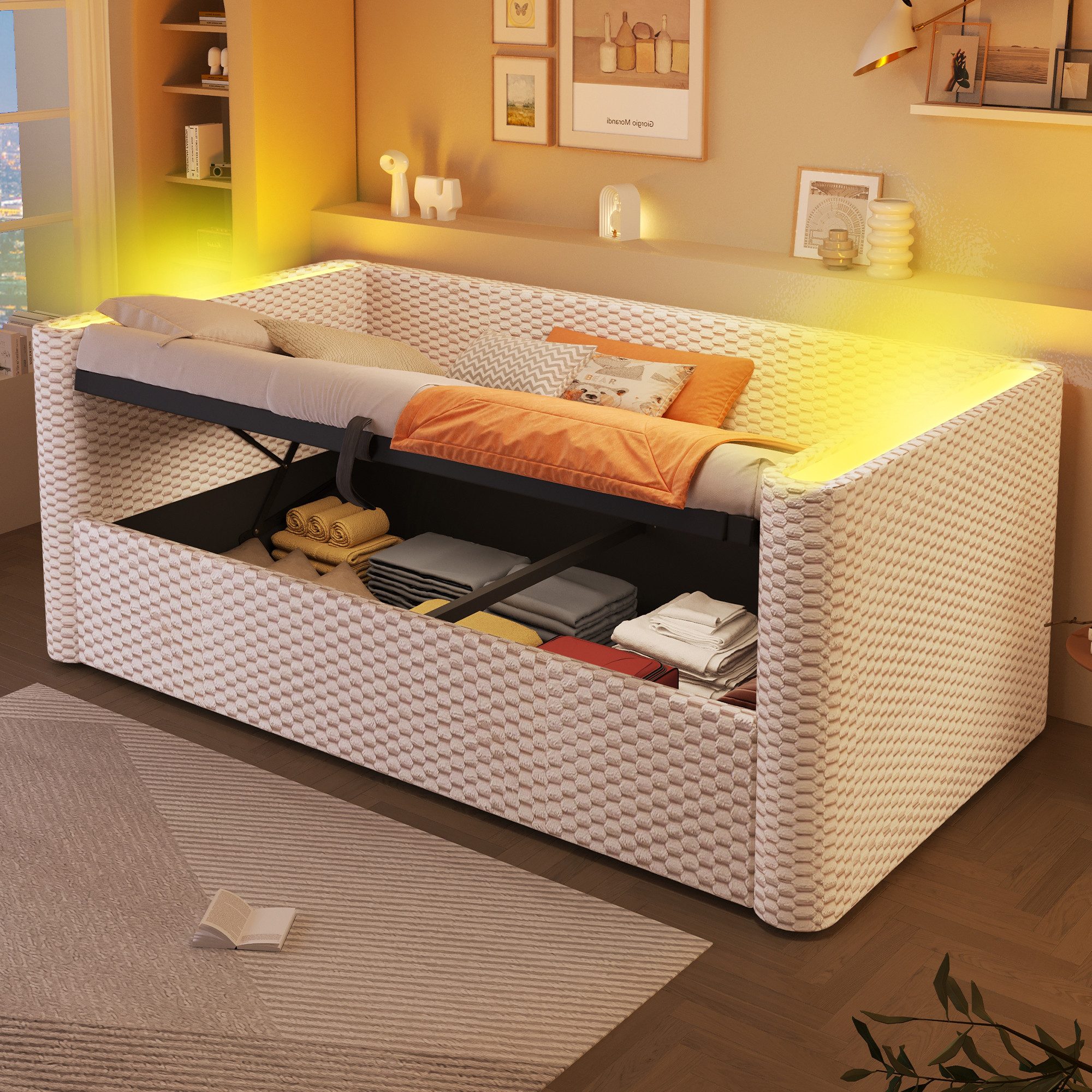 Odikalo Schlafsofa Schlafcouch Tagesbett 90x200 mit Lattenrost, Daybett, Schlafsofa, 90 × 200 cm, 180 × 200 cm, multifunktionales Ausziehbett-Design mit LED-Lichtleiste, Lattenrost (ohne Matratze), Samt, Grau / Beige