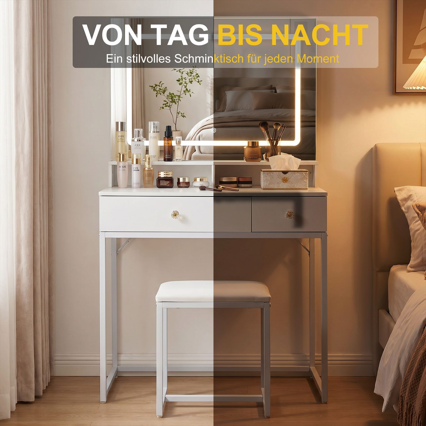 HomeMiYN Schminktisch Schminktisch mit LED-Spiegel & Hocker, 2 Schubladen, Weiß