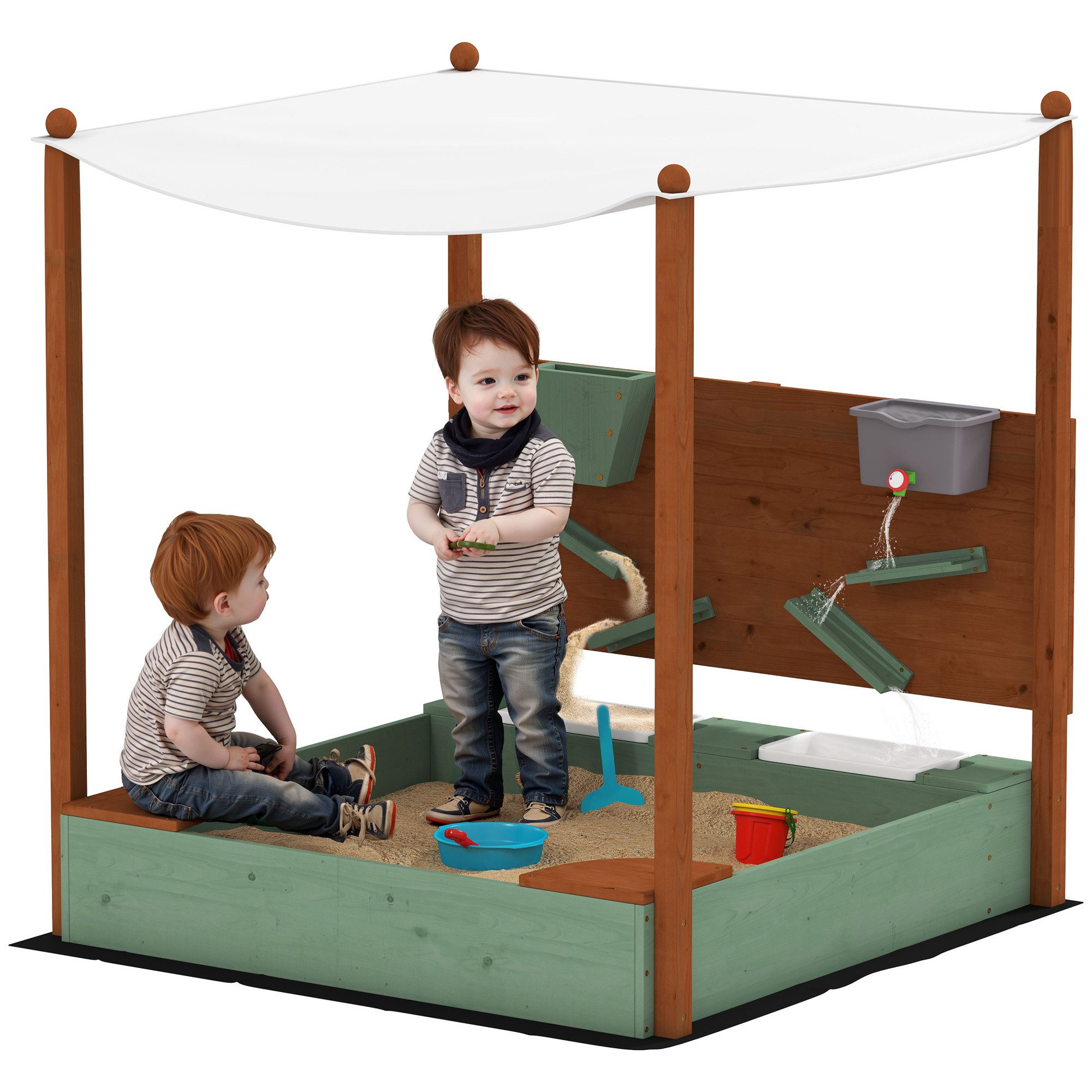 AIYAPLAY Sandkasten mit Sitzfläche, 2 Behältern, Sand- und Wasserspielzeug, Eimer, (Sandkiste aus Holz, 1-tlg., 116 x 112,5 cm Sandbox mit Dach), für 3-6 Jahre Kinder Grün