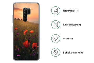 MuchoWow Handyhülle Blumenfeld - Gras - Pflanzen - Sonnenuntergang - Orange, Phone Case, Handyhülle Xiaomi Redmi 9, Silikon, Schutzhülle