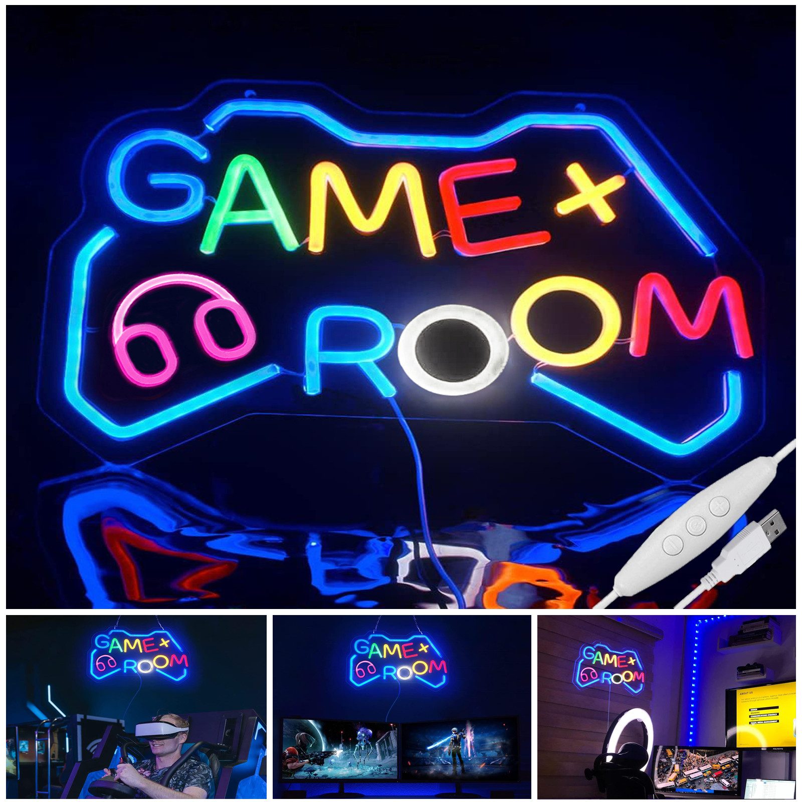 JIBENNEON LED Dekoobjekt GAME Spiel Neon Sign Dimmbar Neonschild Wanddekoration USB, Schalter, Griffform-Game Room, LED fest integriert, Leuchtreklamen LED Nachtlicht Wandleuchten