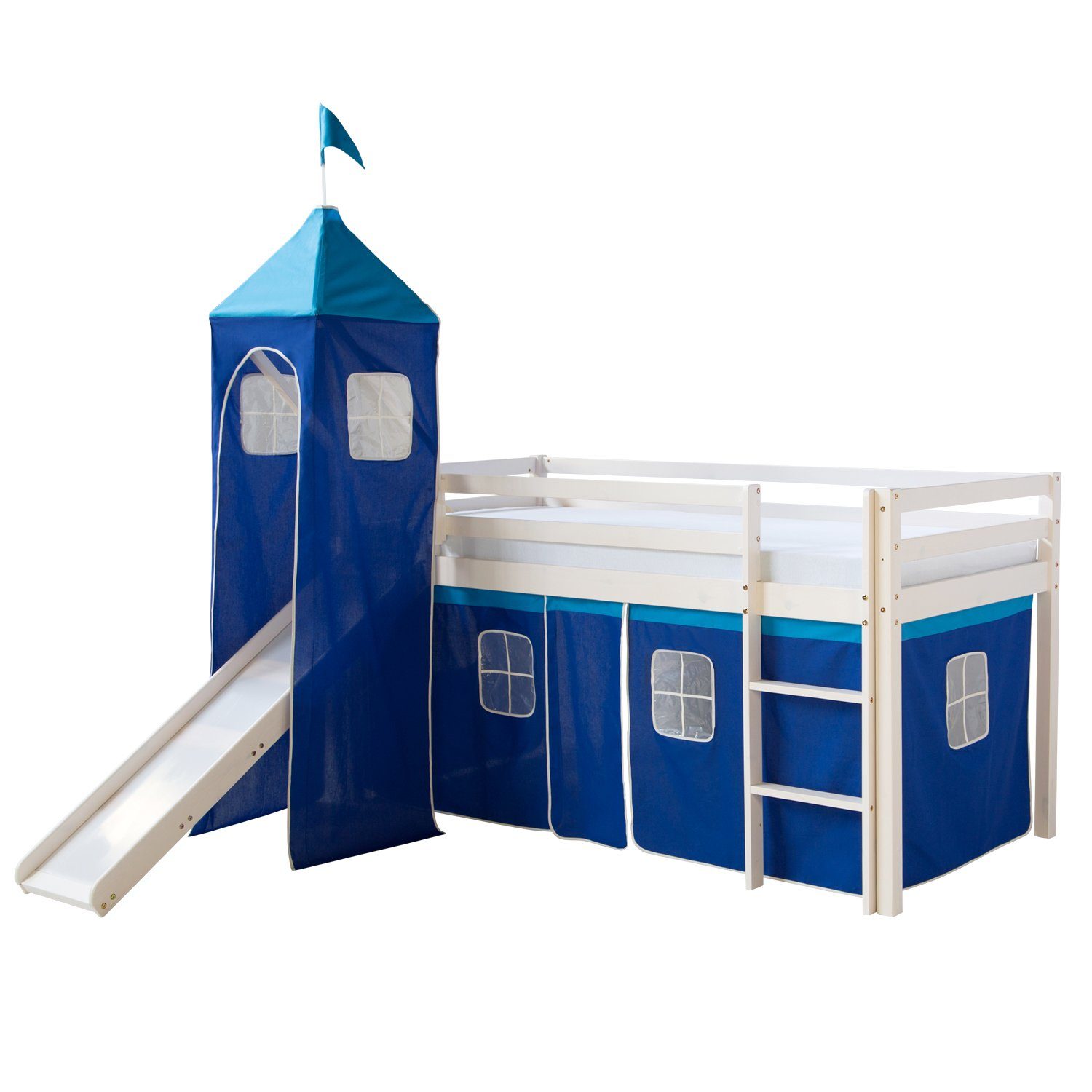 Homestyle4u Hochbett 90x200 mit Vorhang Stockbett Kinderbett Holz Weiß Blau günstig online kaufen