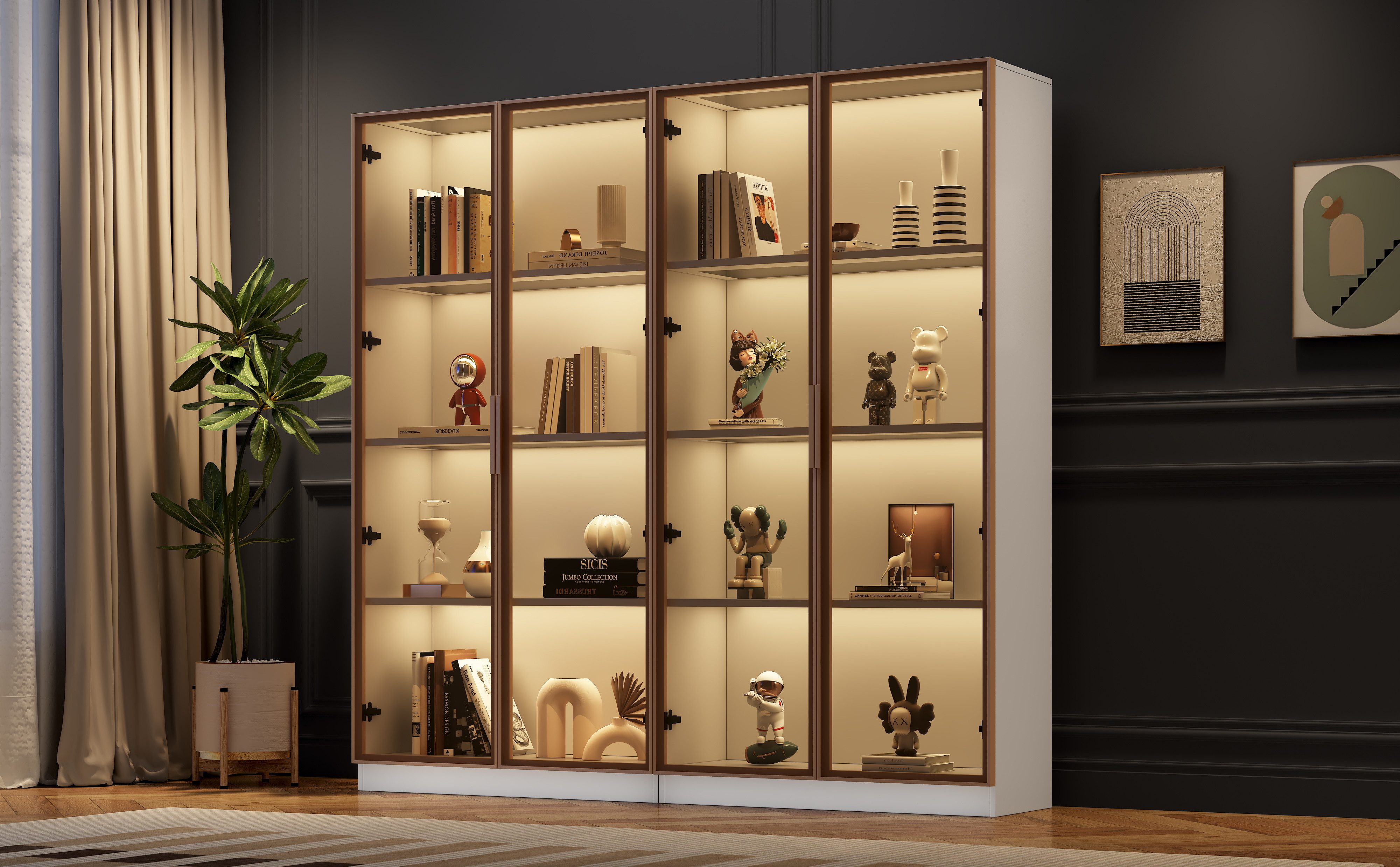 REDOM Standvitrine Vitrinenschrank Glasvitrine Bücherschrank Büroschrank Vitrine Schrank (Hochschrank mit LED-Beleuchtung und höhenverstellbaren Einlegeböden, 2-St., Aktenschrank Sammlervitrine Wohnzimmerschrank mit 4 Türen 8 Fächern) Bücherregal für Wohnzimmer Küche Esszimmer Büro 80*40*160+80*40*160 cm