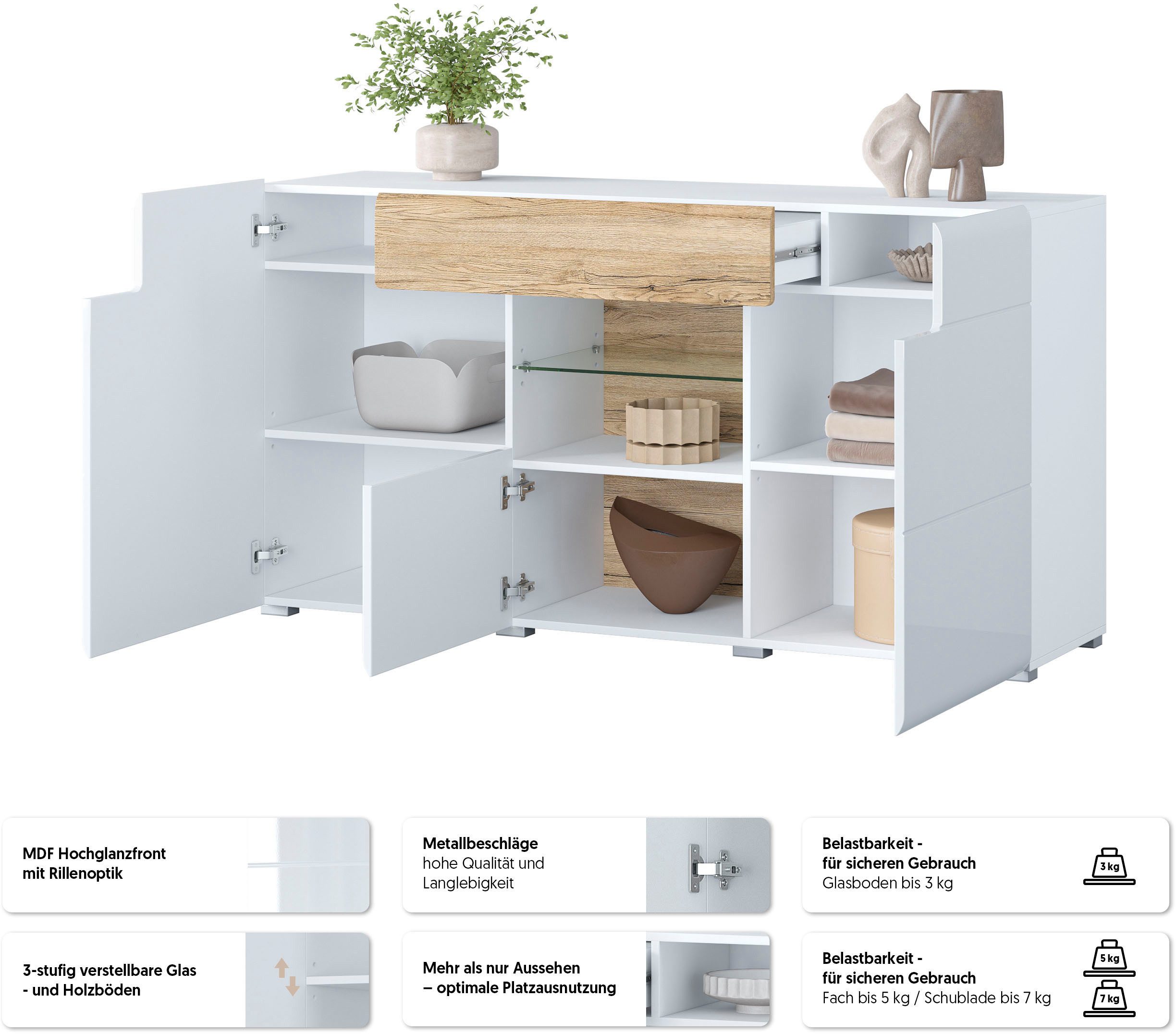 OTTO home Sideboard Toledo,Breite 159cm,moderne Anrichte mit dekorative Fräsungen,grifflos, Kommode viel Stauraum, Einlegeböden verstellbar,ohne Beleuchtung