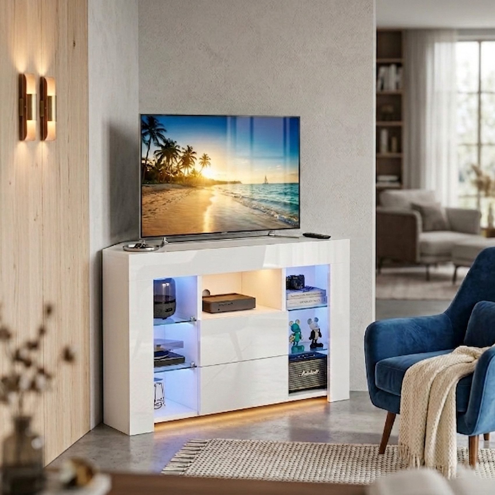 Dripex TV-Schrank TV Eckschrank Lowboard LED Weiß Hochglanz Eckkommode mit Beleuchtung