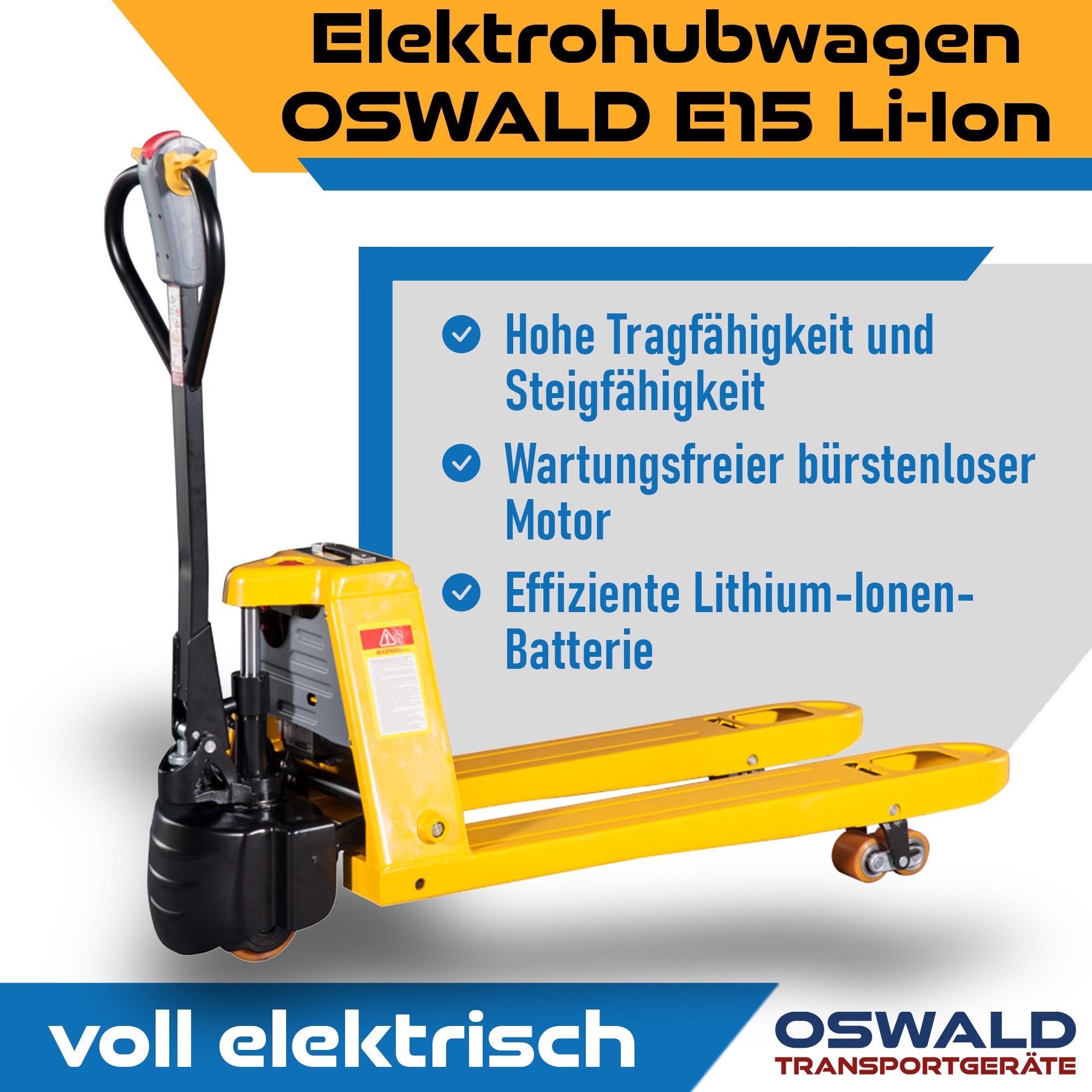 OSWALD Transportgeräte Gabelhubwagen Elektrohubwagen OSWALD E15 Li-Ion 1500 kg 1150 mm Hubwagen elektrisch – Bild 2 von 5