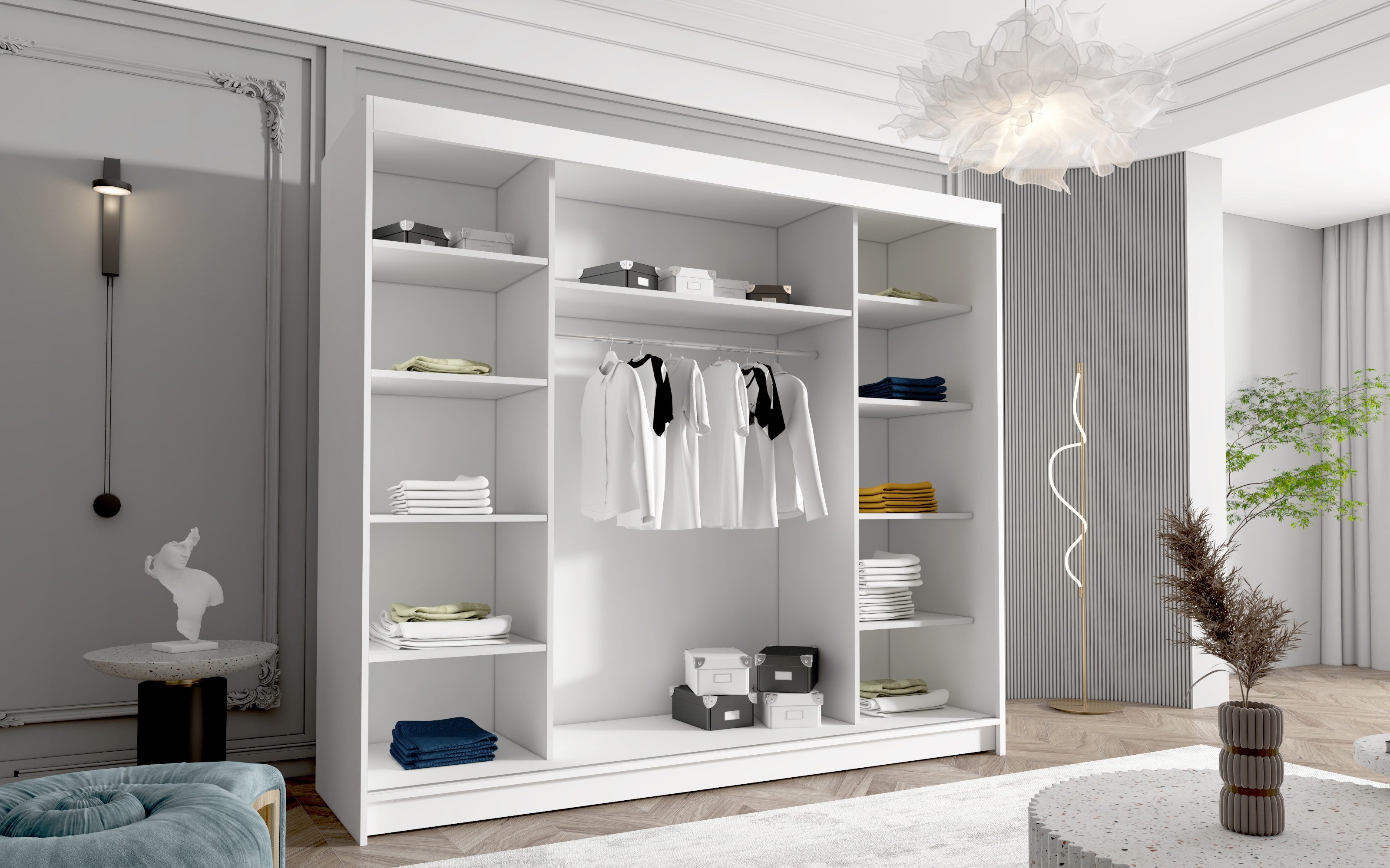 Sofnet Kleiderschrank Davos VI (mit Spiegel, Schiebetüren und Kleiderstange) Schwebetürenschrank mit 3 Türen, Schiebetürenschrank - 250x215x58 cm