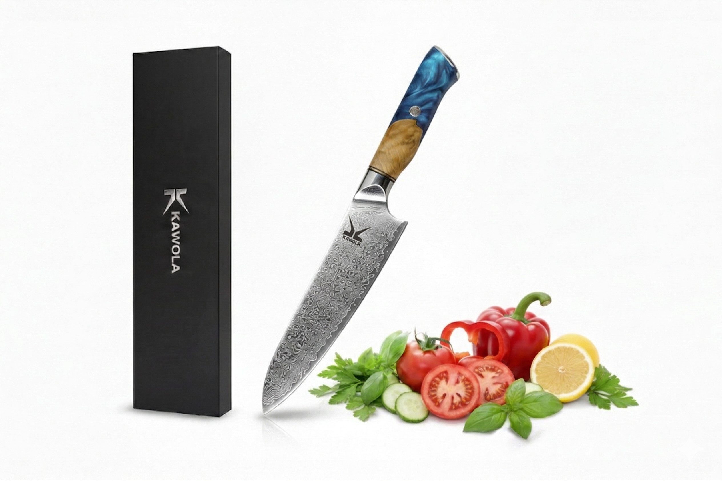 KAWOLA Universalküchenmesser GLAVO 67 Lagen Damaststahl - Klinge 21 cm, Damastmesser in hochwertiger Geschenkbox, eleganter Holzgriff