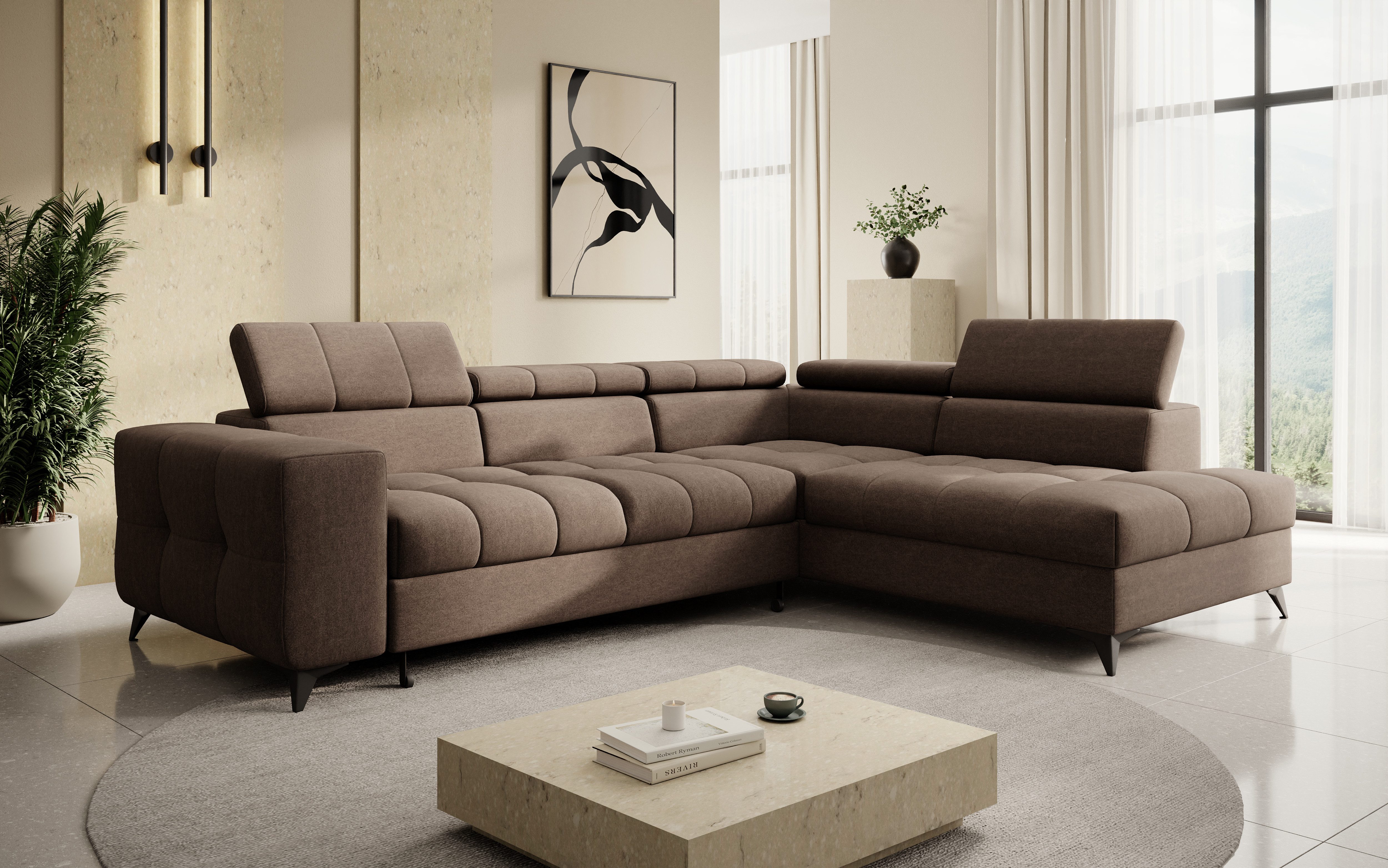 thematys Ecksofa SORANO mit Schlaffunktion & Bettkasten – L-Form, Bouclé und Velours, - mit verstellbaren Kopfstützen, – L-Form 270×203 cm – Schlafsofa mit Auszug, – L-Form 270×203 cm – Schlafsofa mit Auszug