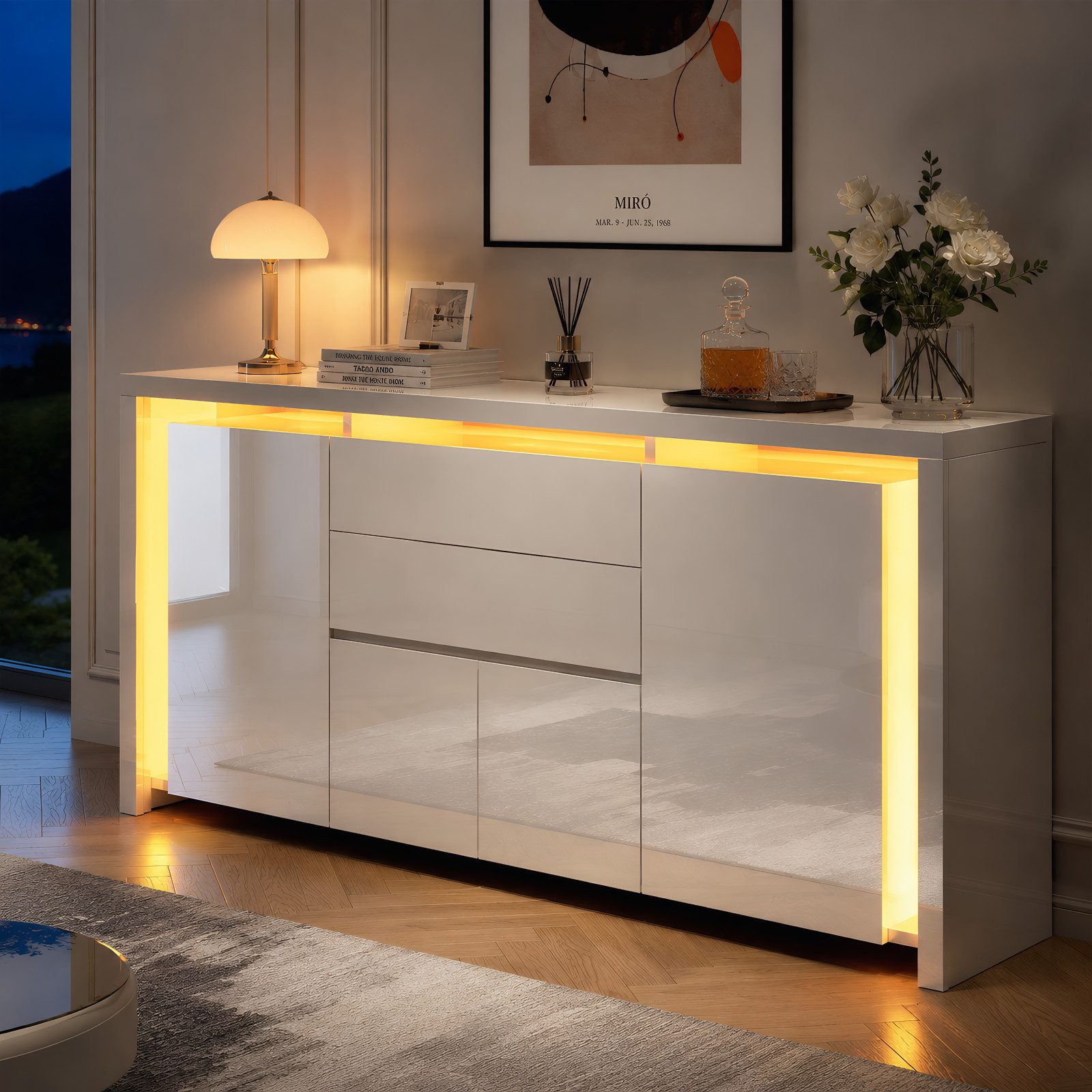 Simurq Kommode Weiß Hochglanz Sideboard Modern Mit LED, 2 Schubladen Und 4 Schränken (Packung, Küchenschrank Buffetschrank Für Wohnzimmer, Schlafzimmer, Büros, Flur), Breite 160cm