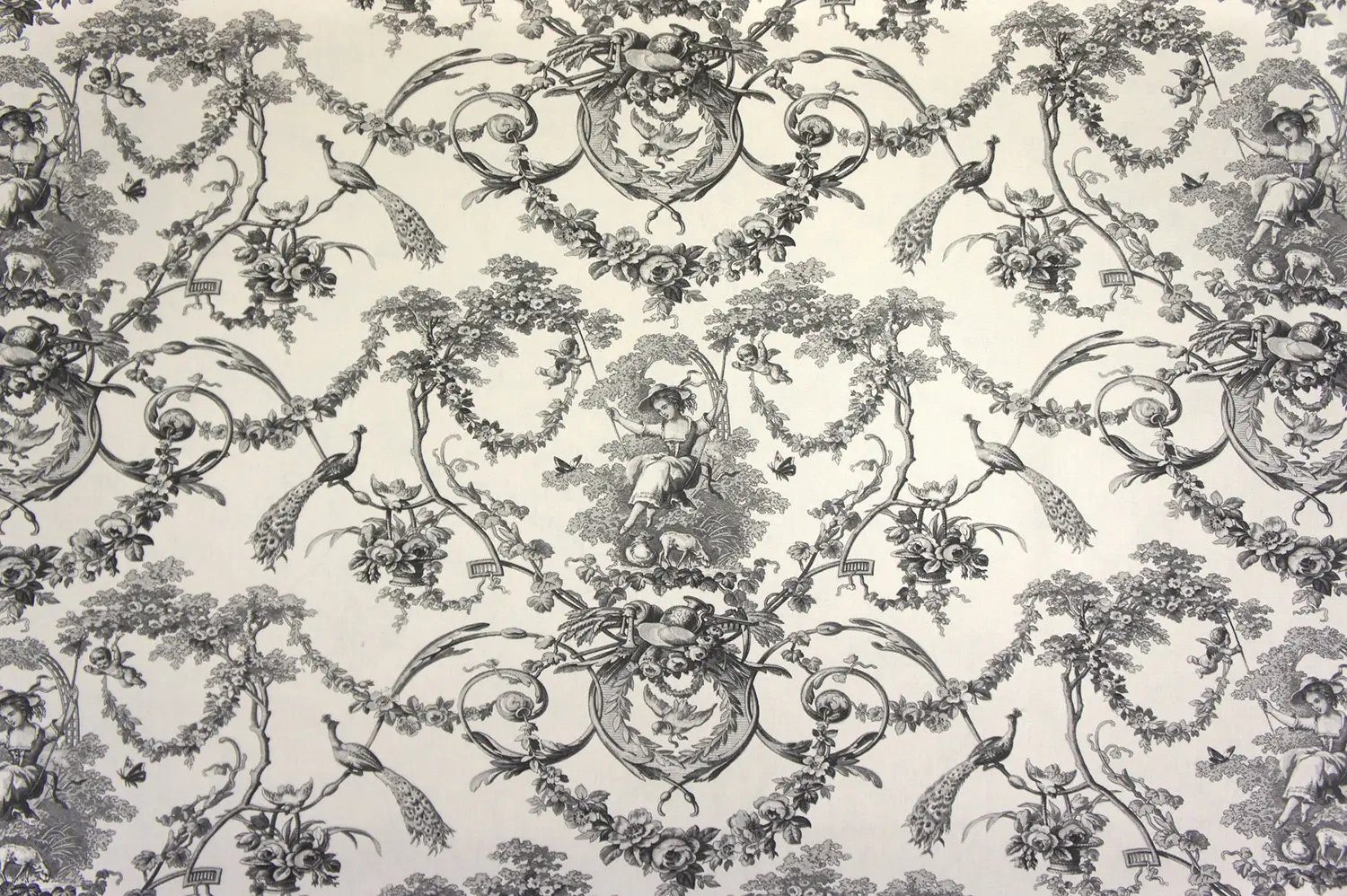 Stofferia Stoff Dekostoff Baumwolle Toile de Jouy Ludivine Grau, Meterware