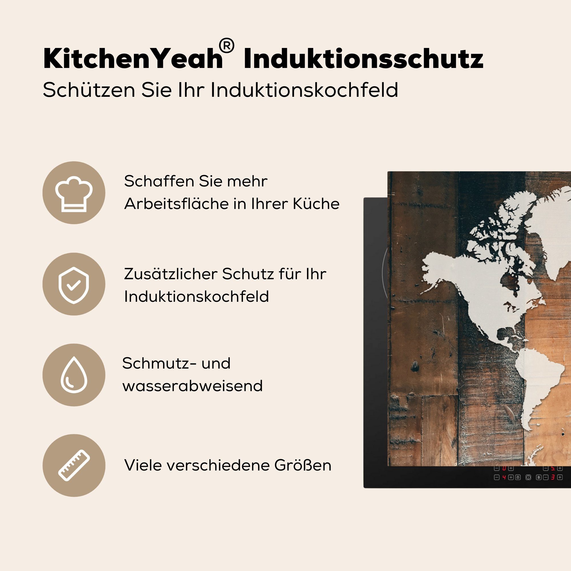 Vinyl, Schutz (1 81x52 - Weiß, MuchoWow Holz die Weltkarte für tlg), Induktionskochfeld cm, Ceranfeldabdeckung - küche, Herdblende-/Abdeckplatte