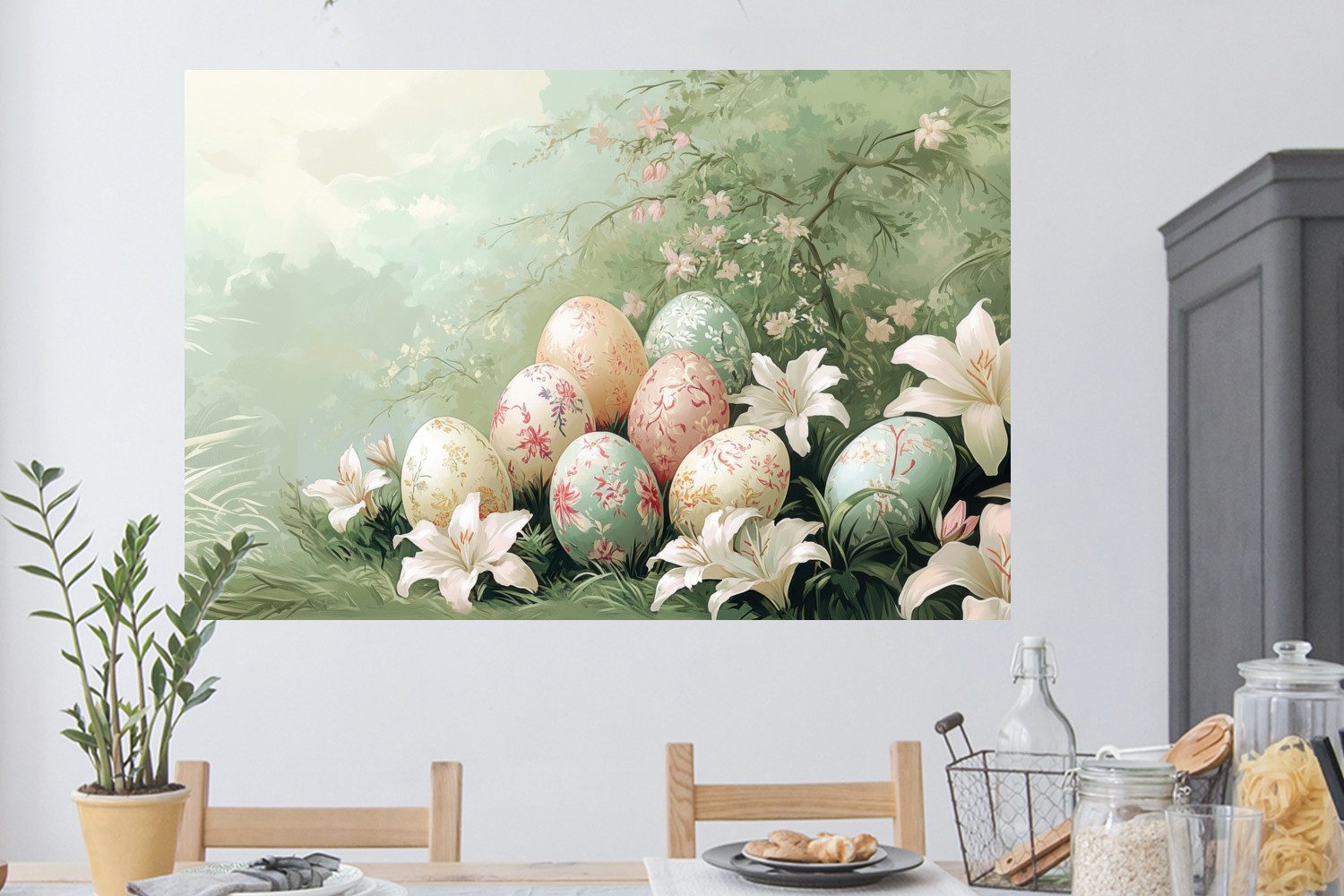 MuchoWow Wandsticker Ostereier - Pastelltöne - Blumen (1 St), Wanddeko, Aufkleber, Wandtattoo, 120x80 cm