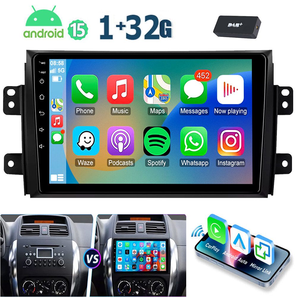 ESSGOO 9'' Autoradio Android 15 für Suzuki SX4 2006–13 CarPlay GPS Navi WIFI Autoradio (RDS, 4+64GB(optional), FM, AM, DAB+ (optional), Android Auto Apple Carplay,Bluetooth,USB,WIFI)