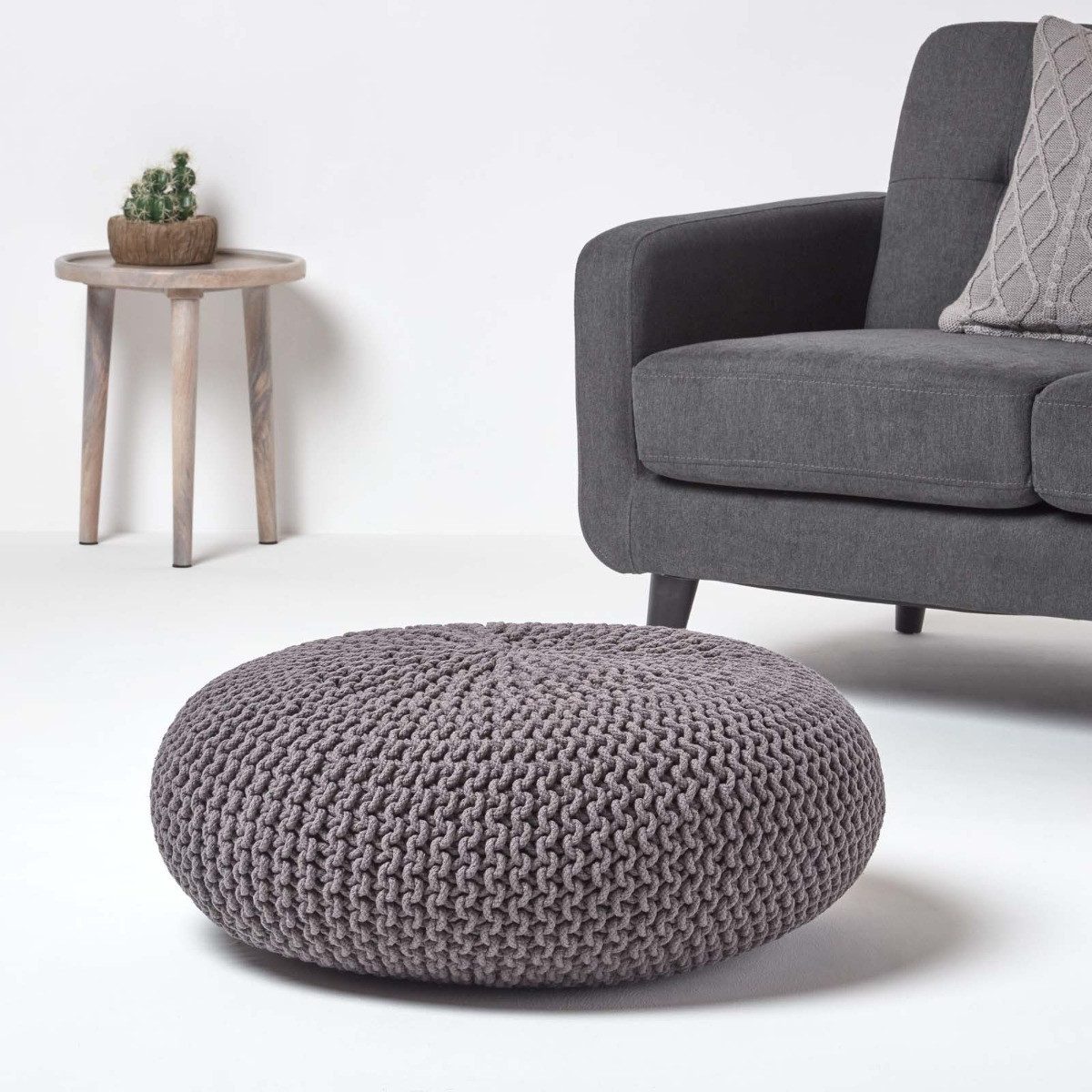 Homescapes Pouf Großer Strickpouf 100% Baumwolle, grau