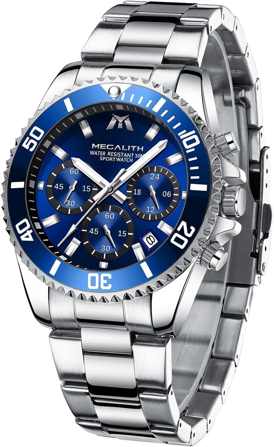 MEGALITH Fur Herren 43mm Chronograph Edelstahl Designer Armband Watch, Wasserdicht Leuchtende Analog Datum Business Elegant Geschenk