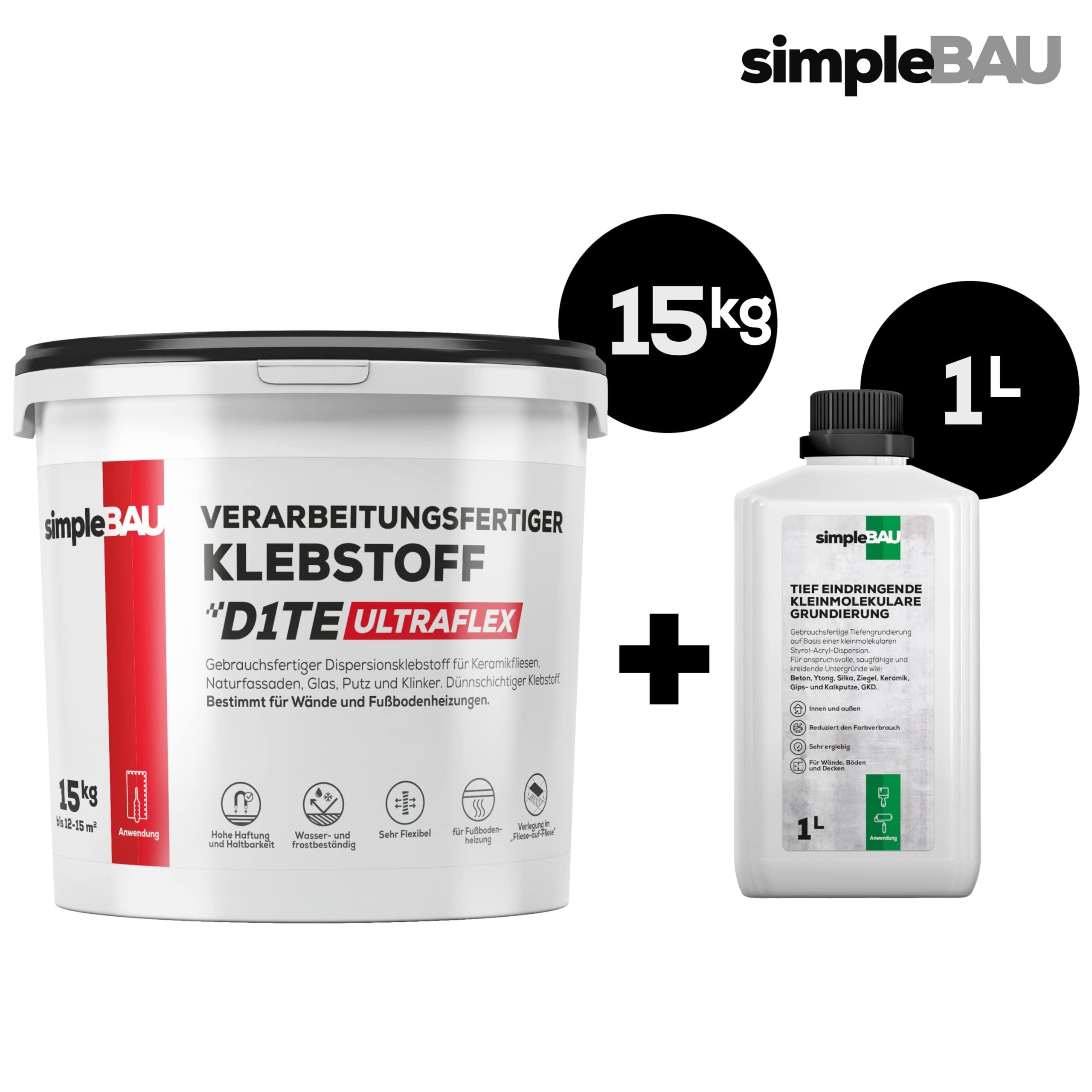 simpleBAU Dichtstoff Fertigfliesenkleber 15KG Universal + 1L Grundierung