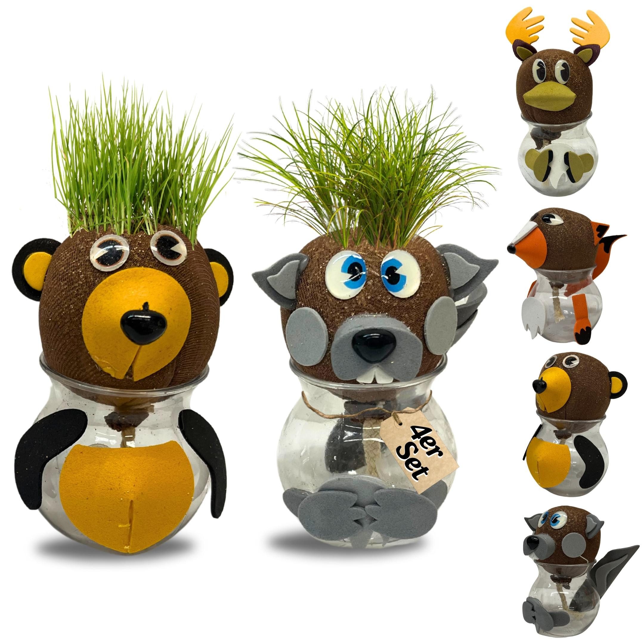 Bada Bing Glasblume Tier Graskopf in kleiner Vase Rasenkopf (4er Set Waldtiere, 4 St), Rasensamen